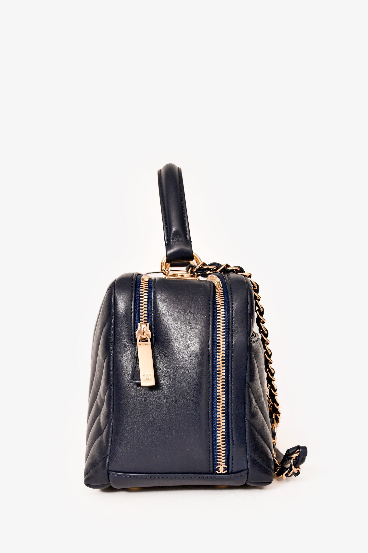 Chanel™ 2018 Navy Chevron Leather Medium Trendy Bowling Top Handle