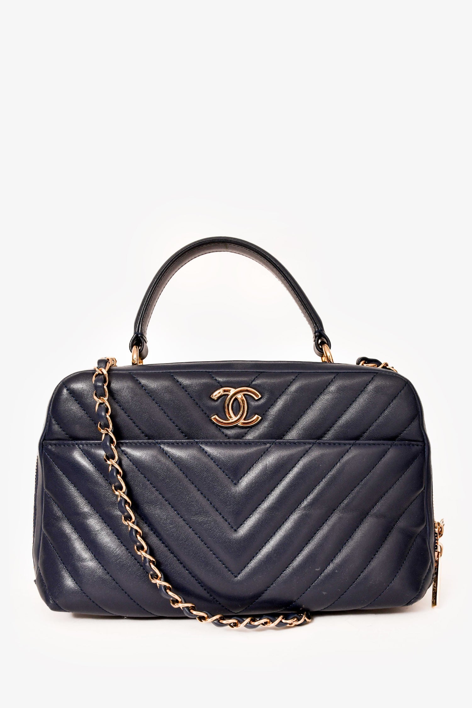 Chanel™ 2018 Navy Chevron Leather Medium Trendy Bowling Top Handle
