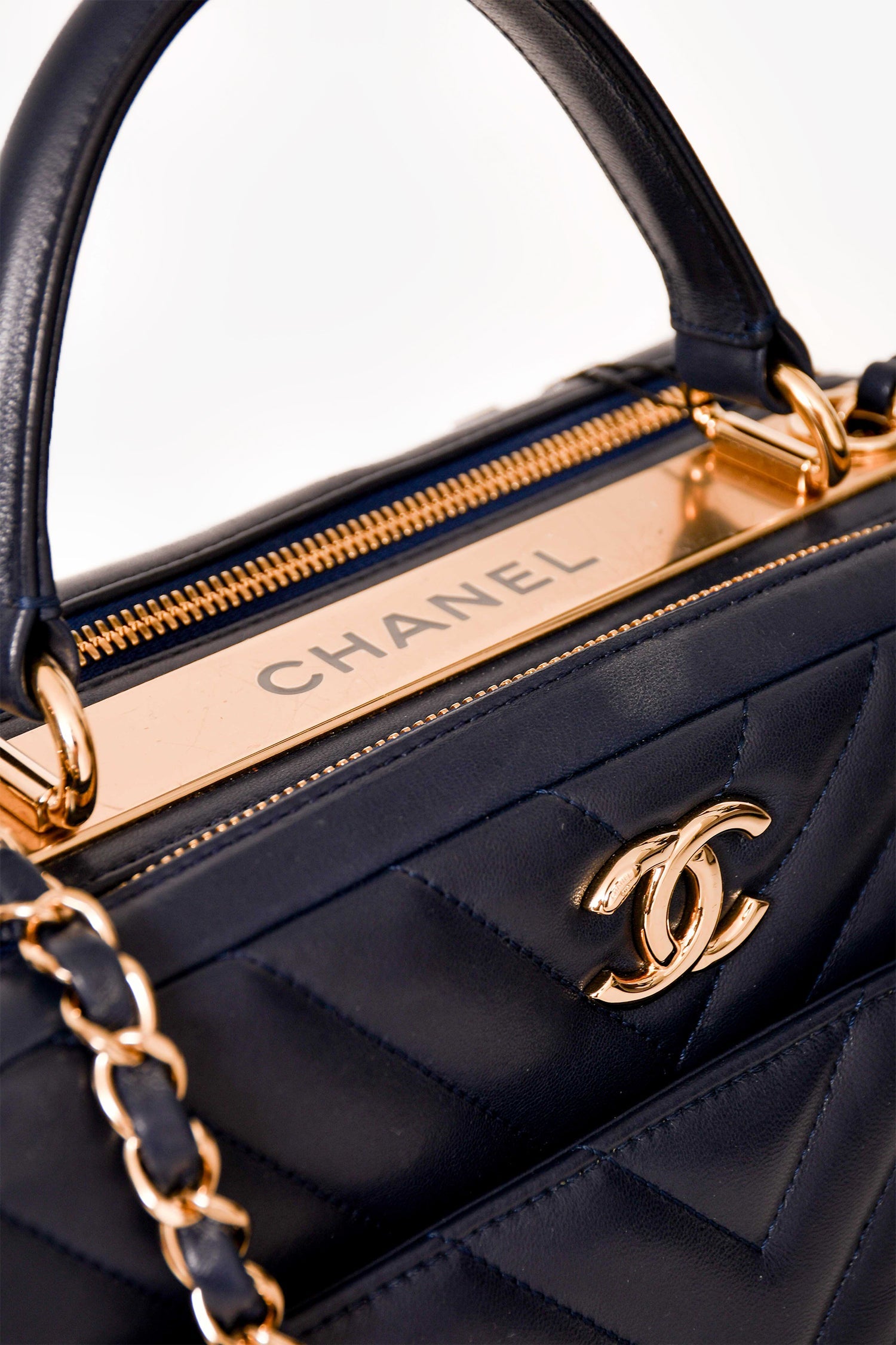 Chanel™ 2018 Navy Chevron Leather Medium Trendy Bowling Top Handle