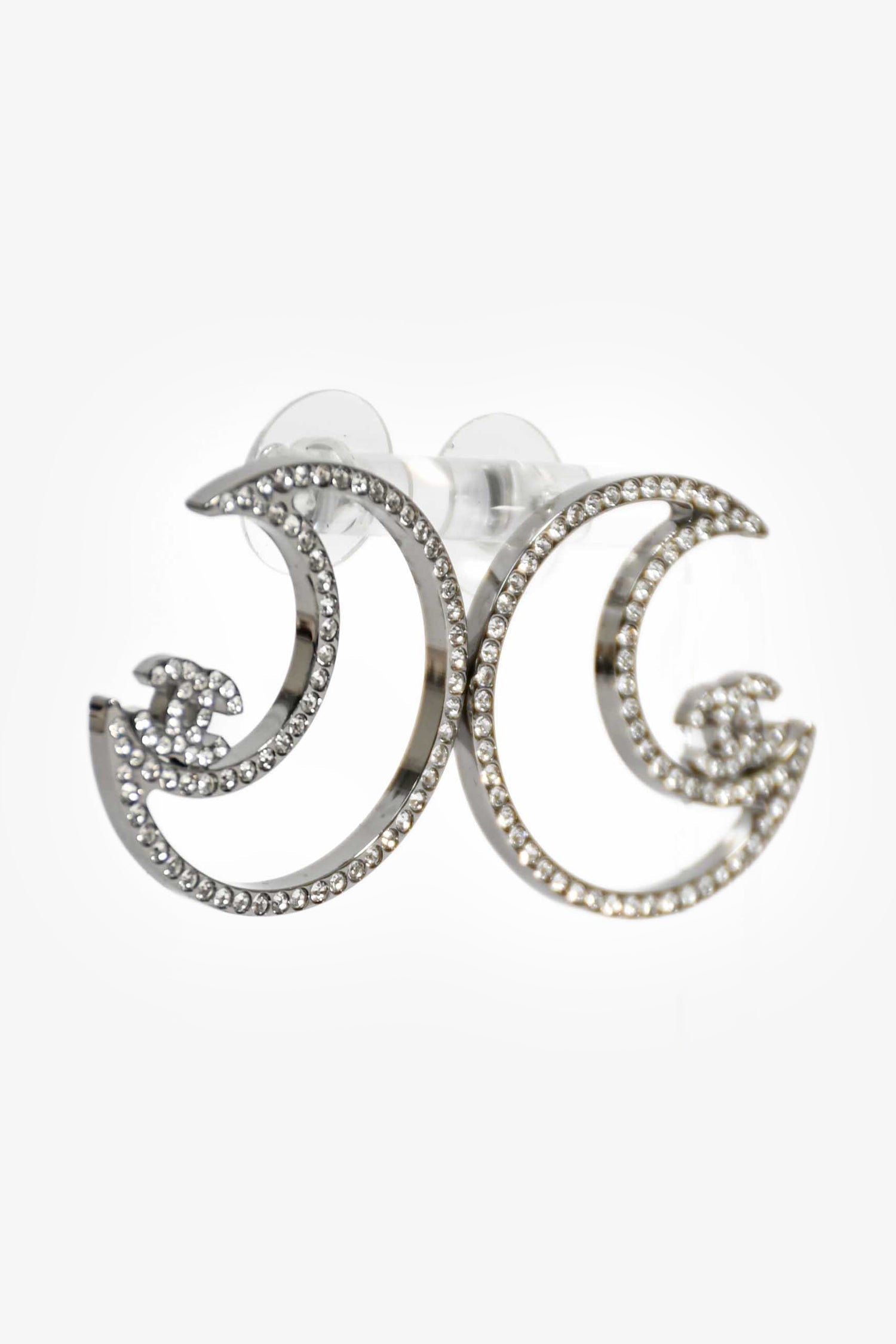 Chanel™ 2017 Silver Toned Crystal CC Moon Stud Earrings