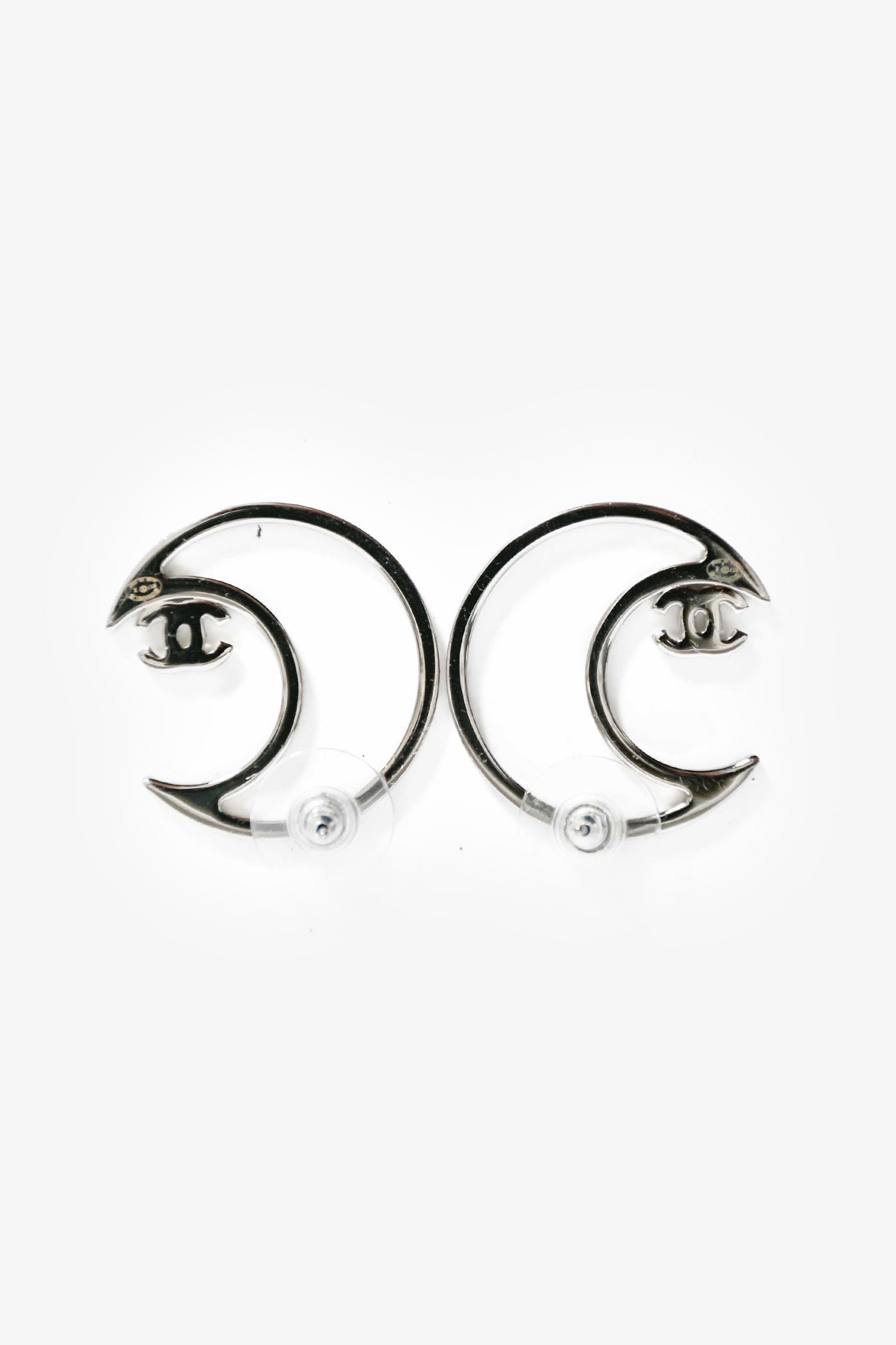 Chanel™ 2017 Silver Toned Crystal CC Moon Stud Earrings