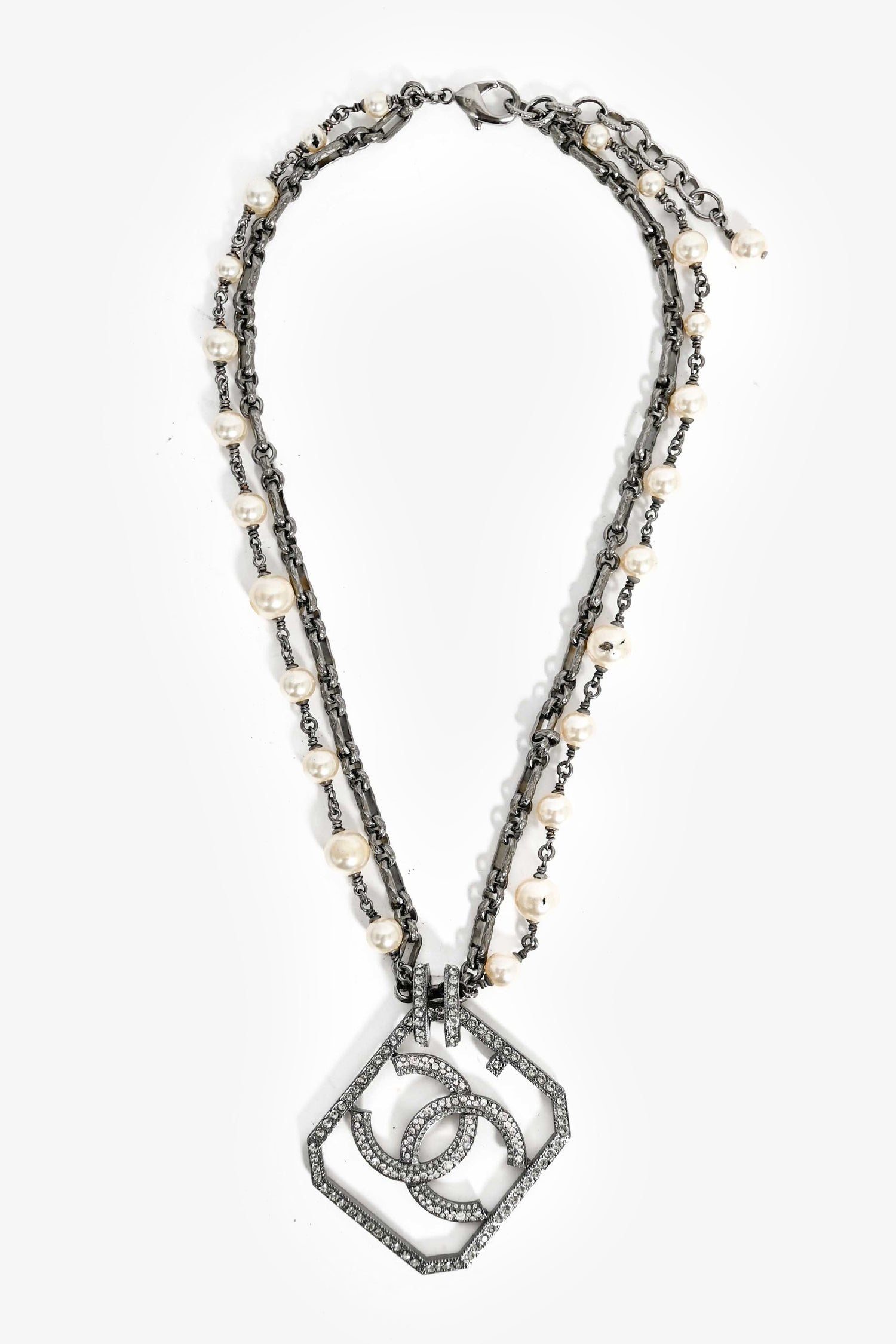 Chanel™ 2017 Gunmetal Chain/Pearl Station Necklace with Large Crystal CC Pendant (As Is)