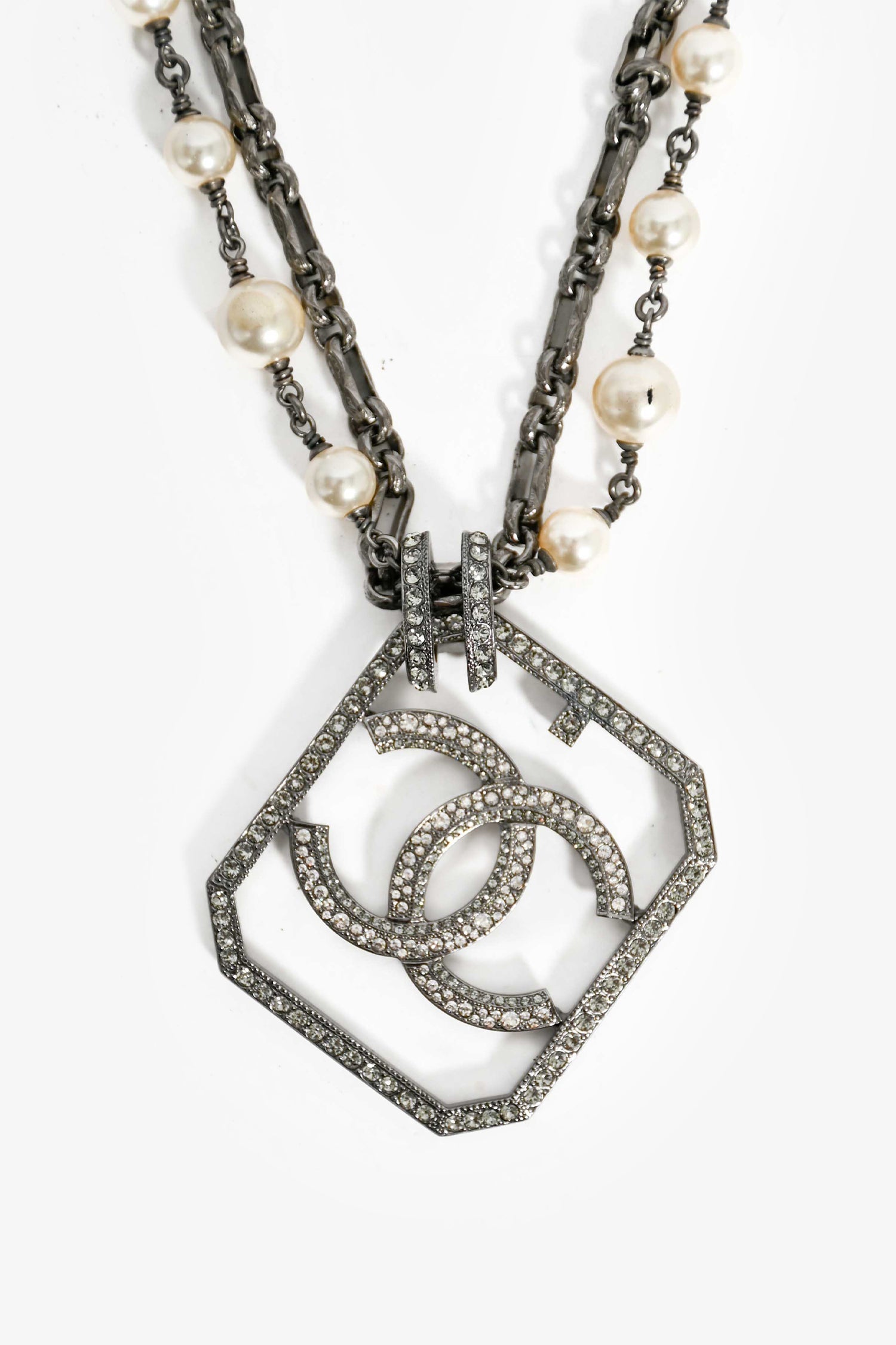 Chanel™ 2017 Gunmetal Chain/Pearl Station Necklace with Large Crystal CC Pendant (As Is)