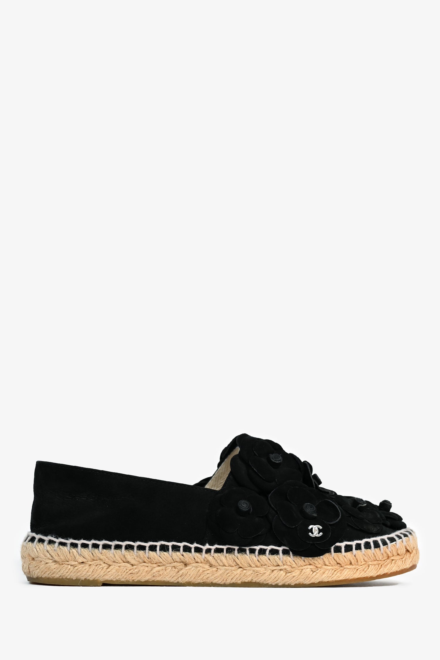 Chanel™ Black Velvet Camellia Flower Espadrilles Size 38 (As Is)