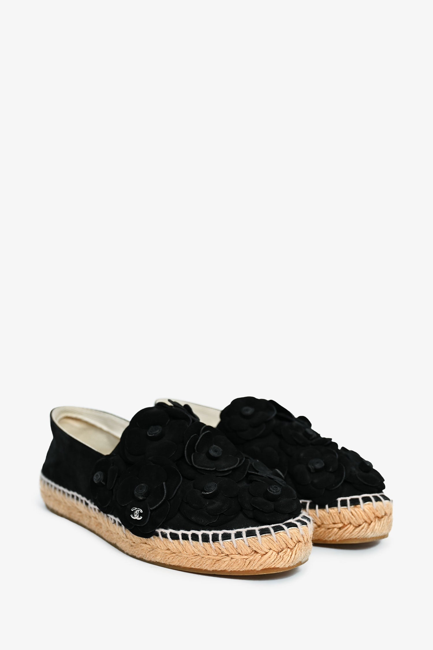 Chanel™ Black Velvet Camellia Flower Espadrilles Size 38 (As Is)