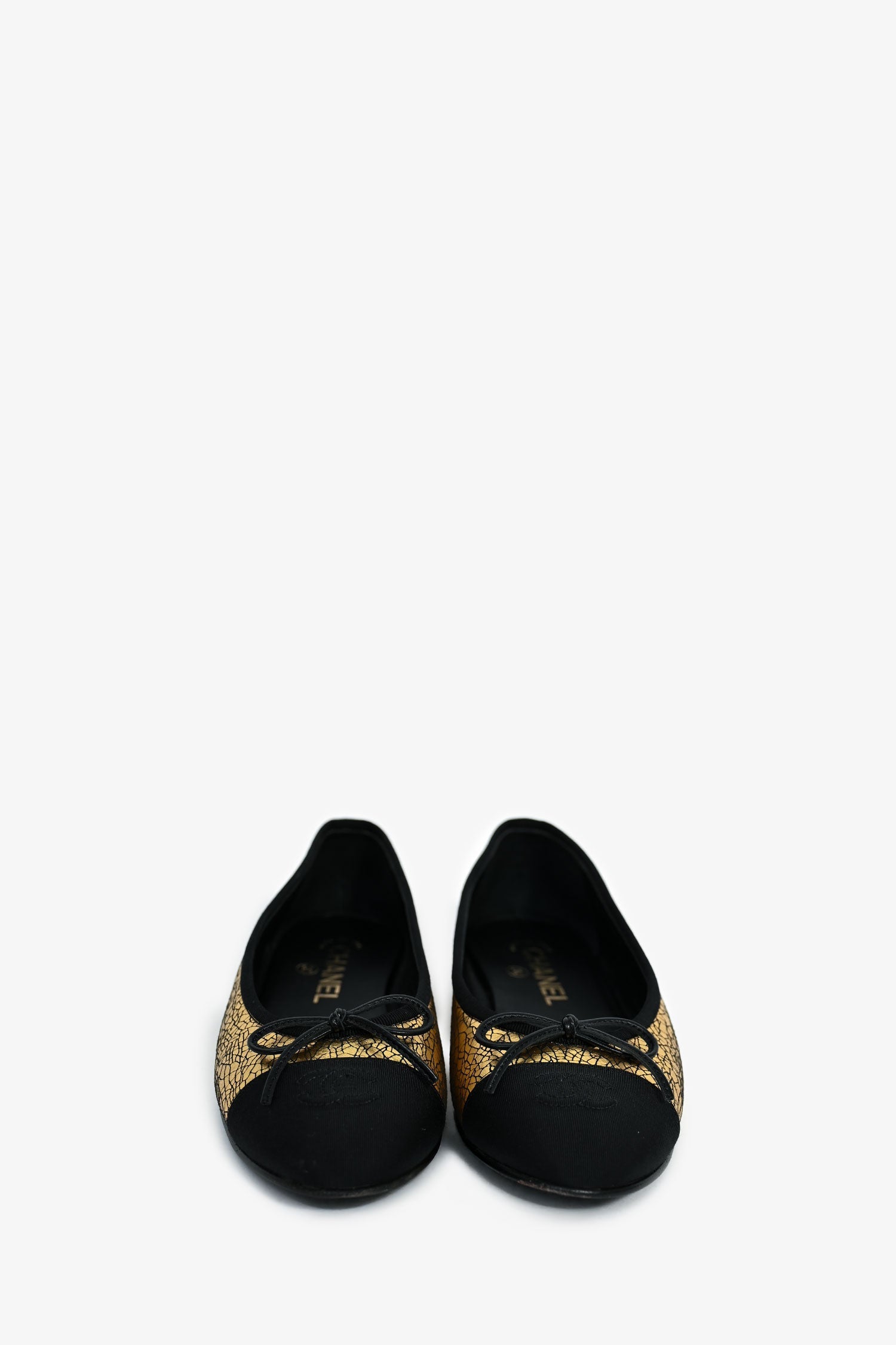 Chanel™ Gold/Black Leather CC Cap Toe Ballet Flats Size 37.5