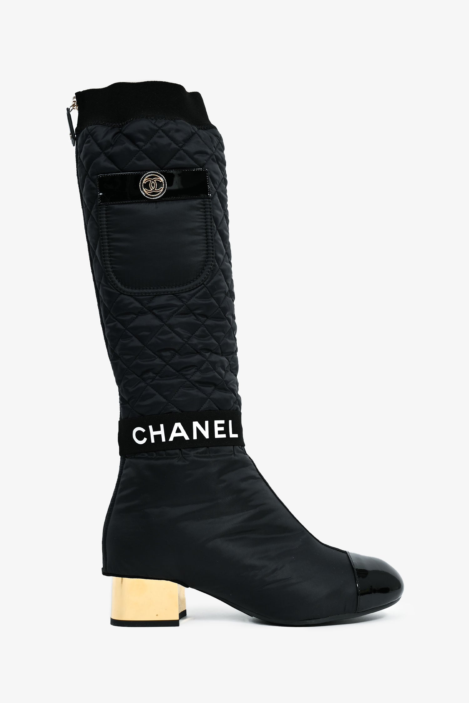 Chanel™ 2021 Black/ Gold Quilted Nylon Rain Boots Size 37