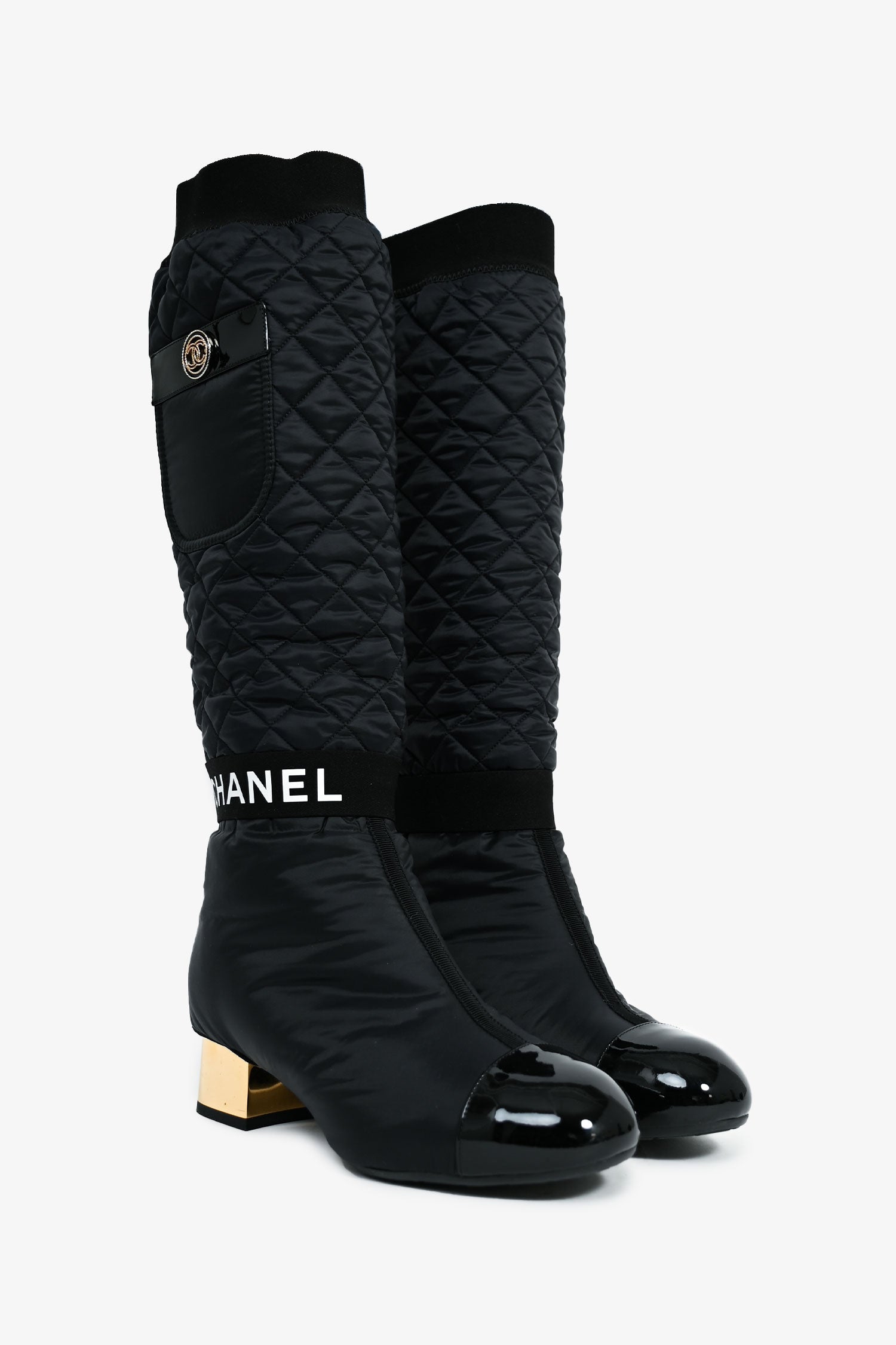 Chanel™ 2021 Black/ Gold Quilted Nylon Rain Boots Size 37