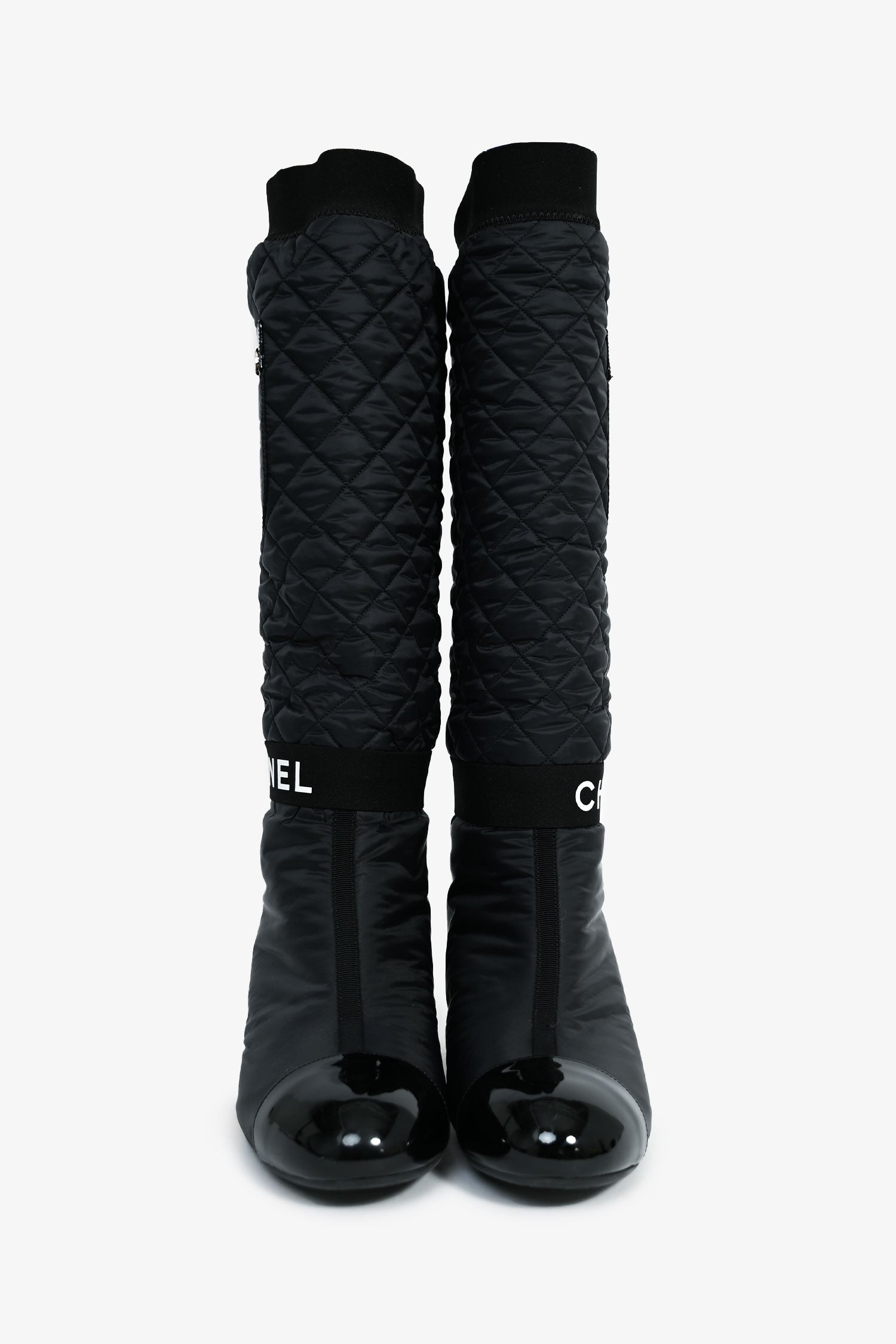 Chanel™ 2021 Black/ Gold Quilted Nylon Rain Boots Size 37
