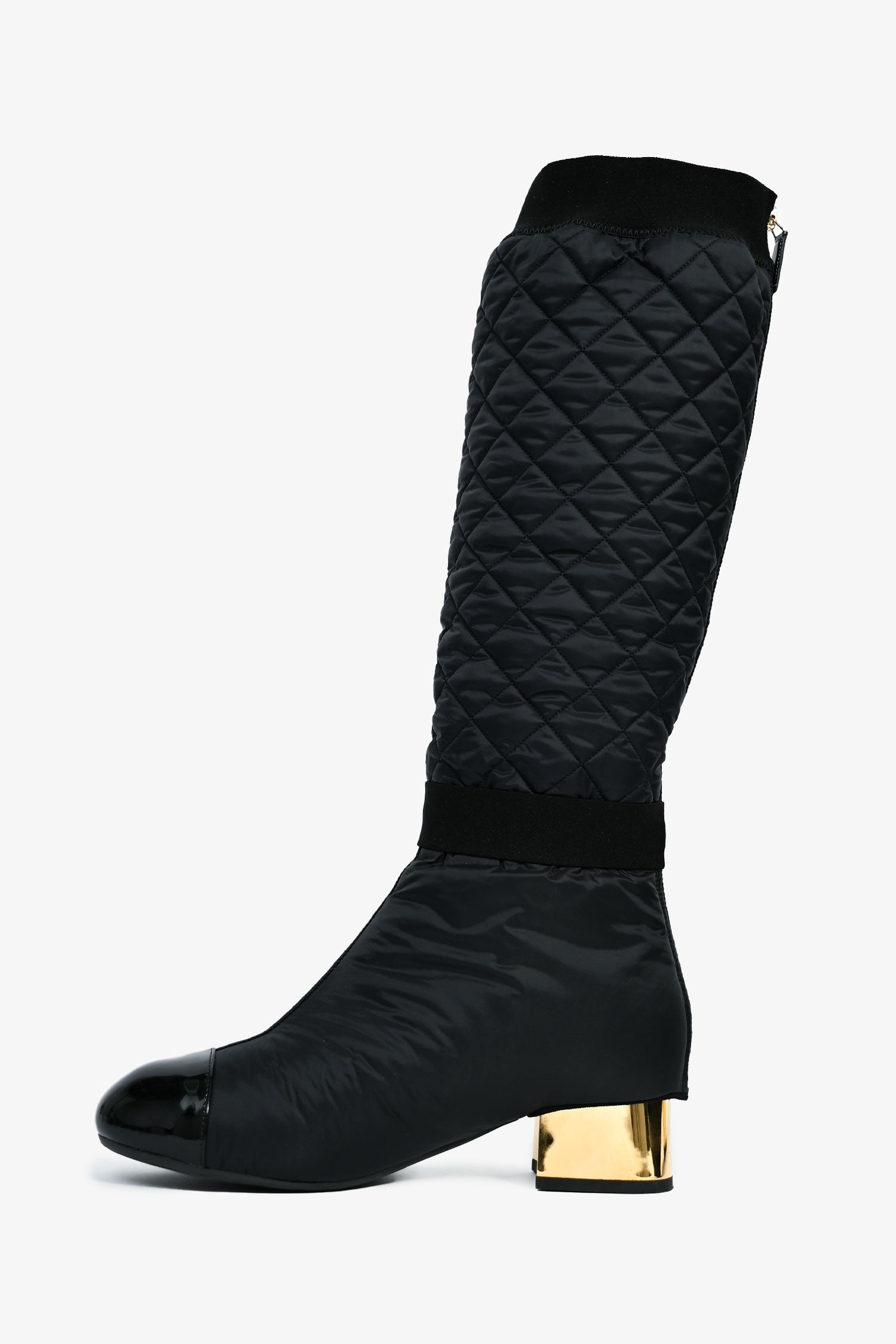 Chanel™ 2021 Black/ Gold Quilted Nylon Rain Boots Size 37