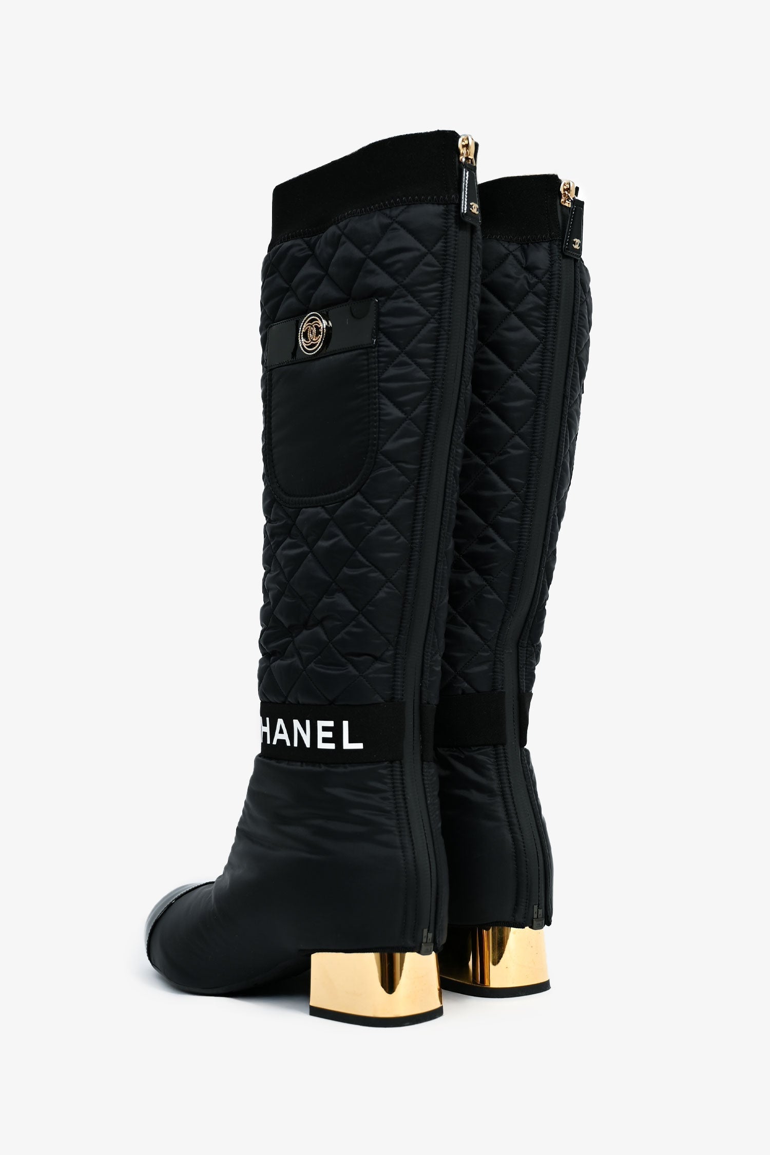 Chanel™ 2021 Black/ Gold Quilted Nylon Rain Boots Size 37