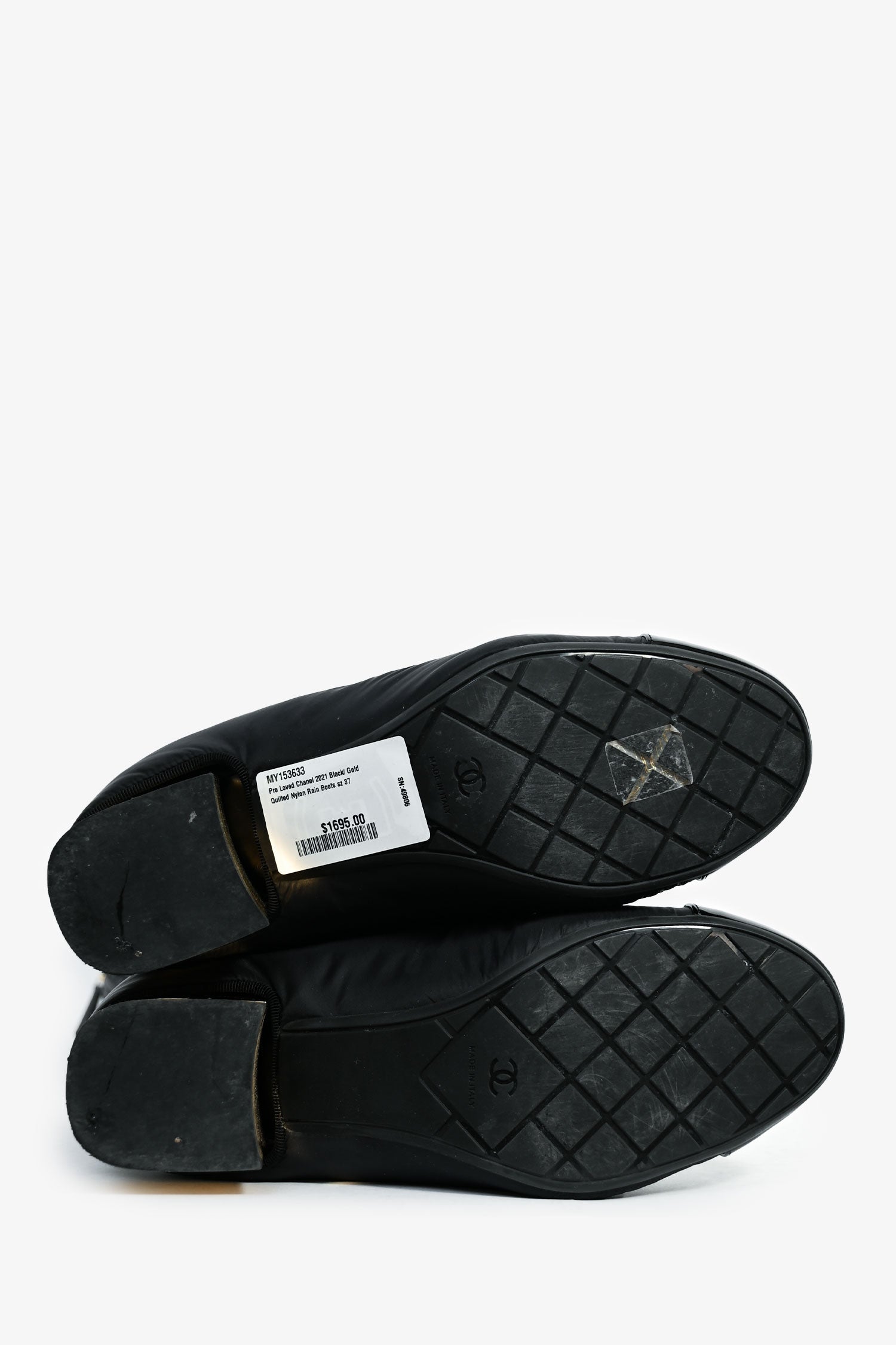 Chanel™ 2021 Black/ Gold Quilted Nylon Rain Boots Size 37
