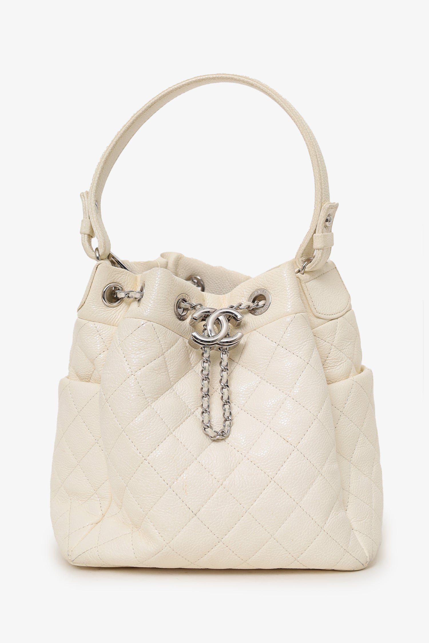 Chanel™ 2019-20 Cream Caviar Leather CC Chain Drawstring Bucket Bag