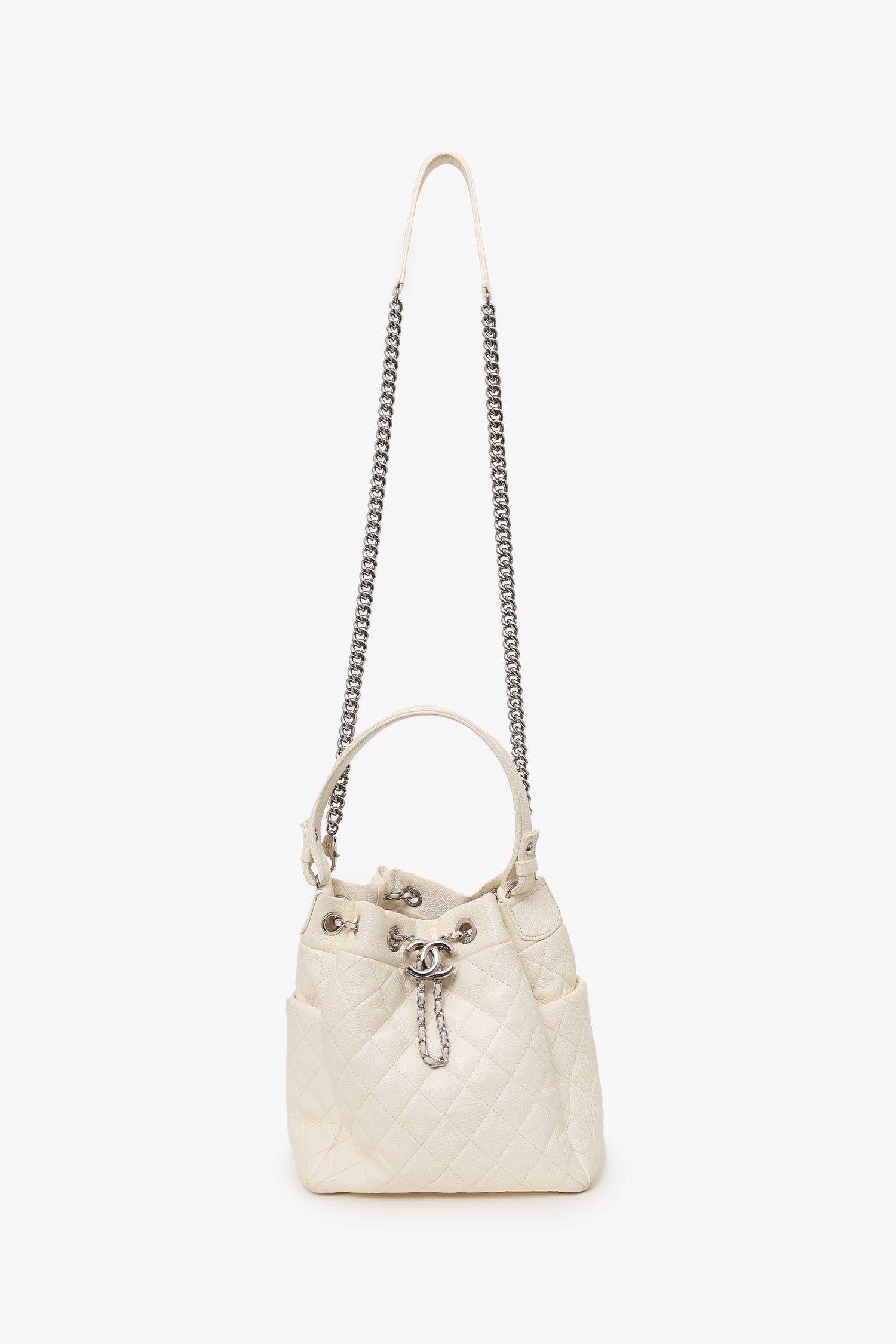 Chanel™ 2019-20 Cream Caviar Leather CC Chain Drawstring Bucket Bag