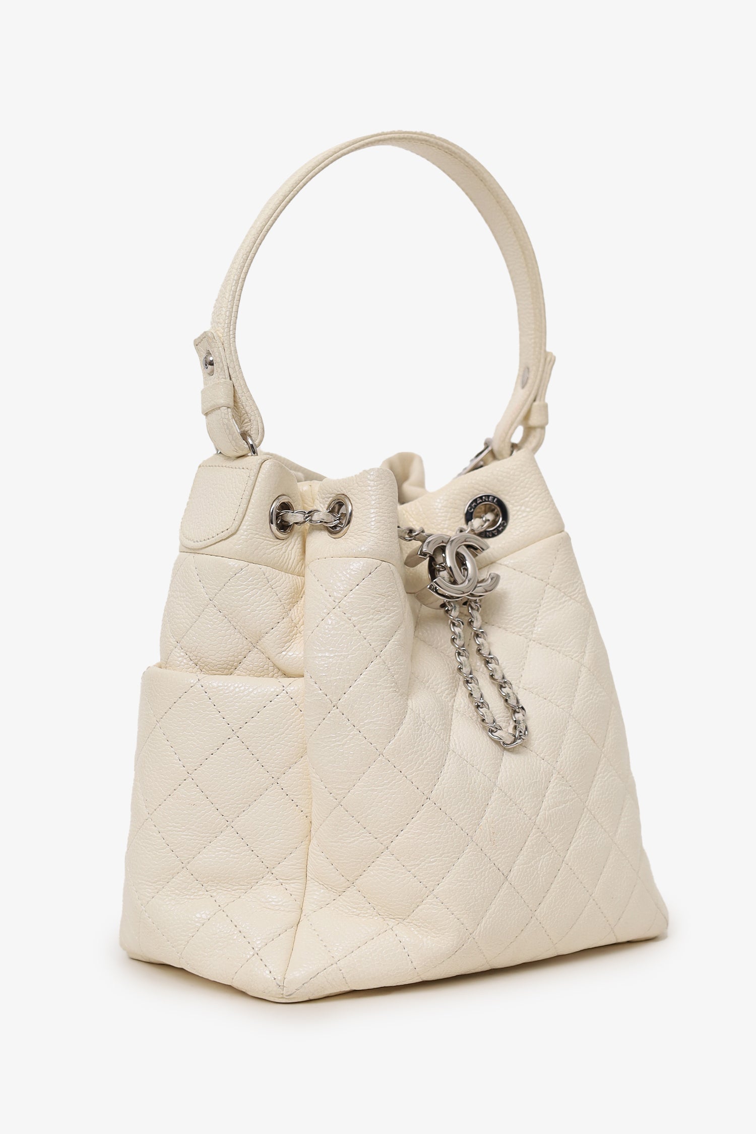 Chanel™ 2019-20 Cream Caviar Leather CC Chain Drawstring Bucket Bag