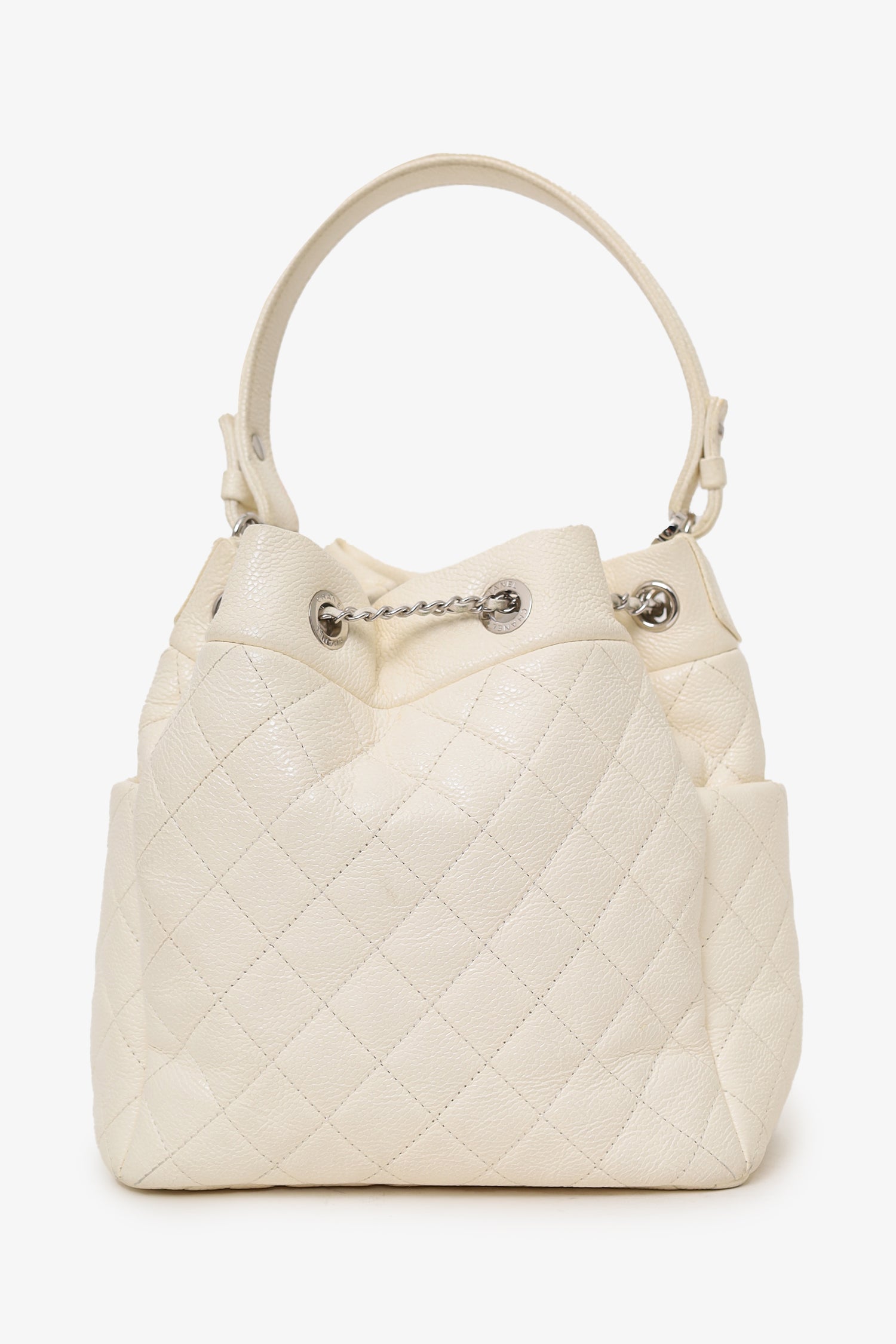 Chanel™ 2019-20 Cream Caviar Leather CC Chain Drawstring Bucket Bag