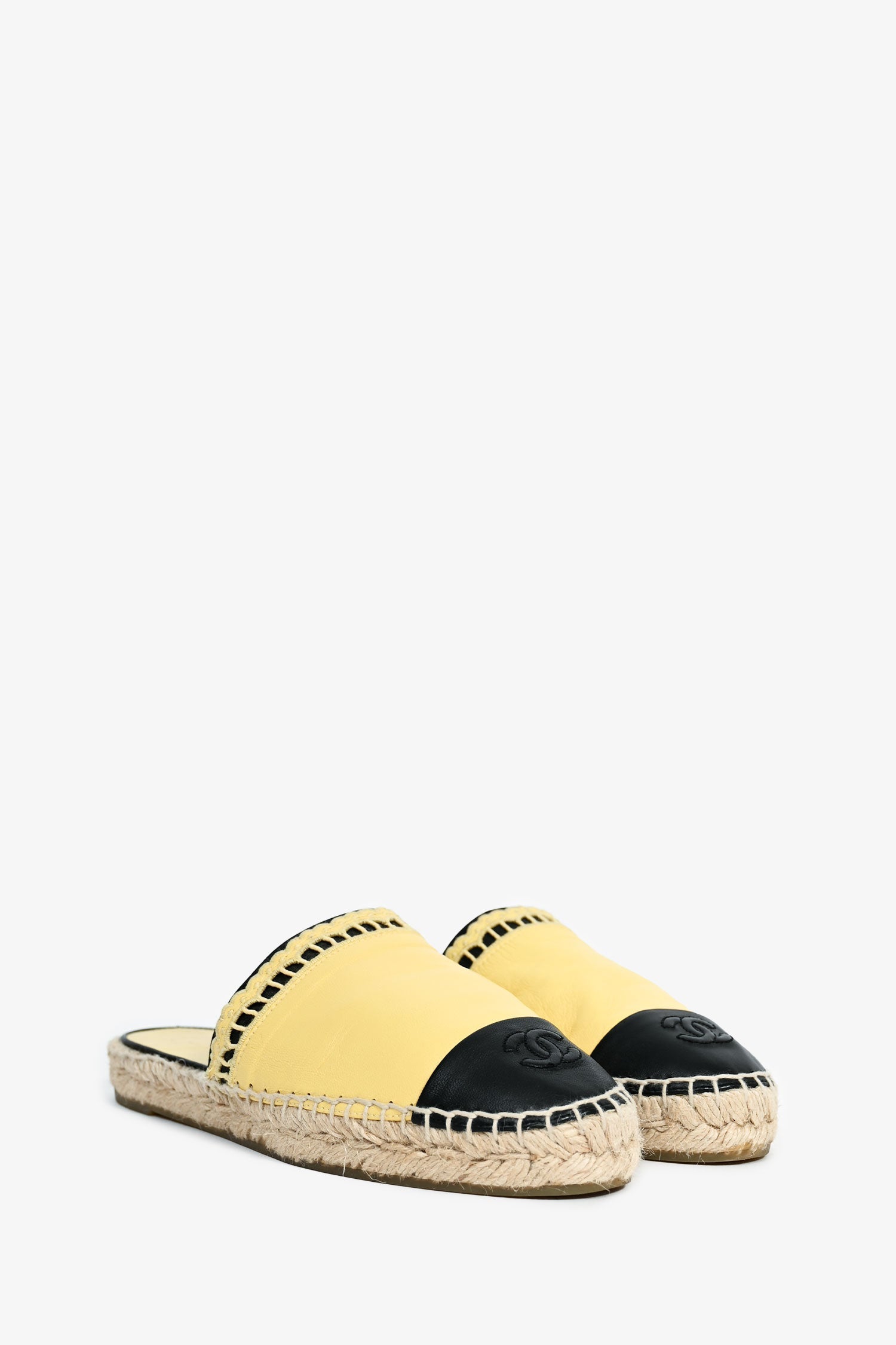 Chanel™ Yellow/Black Leather CC Espadrille Slides Size 38