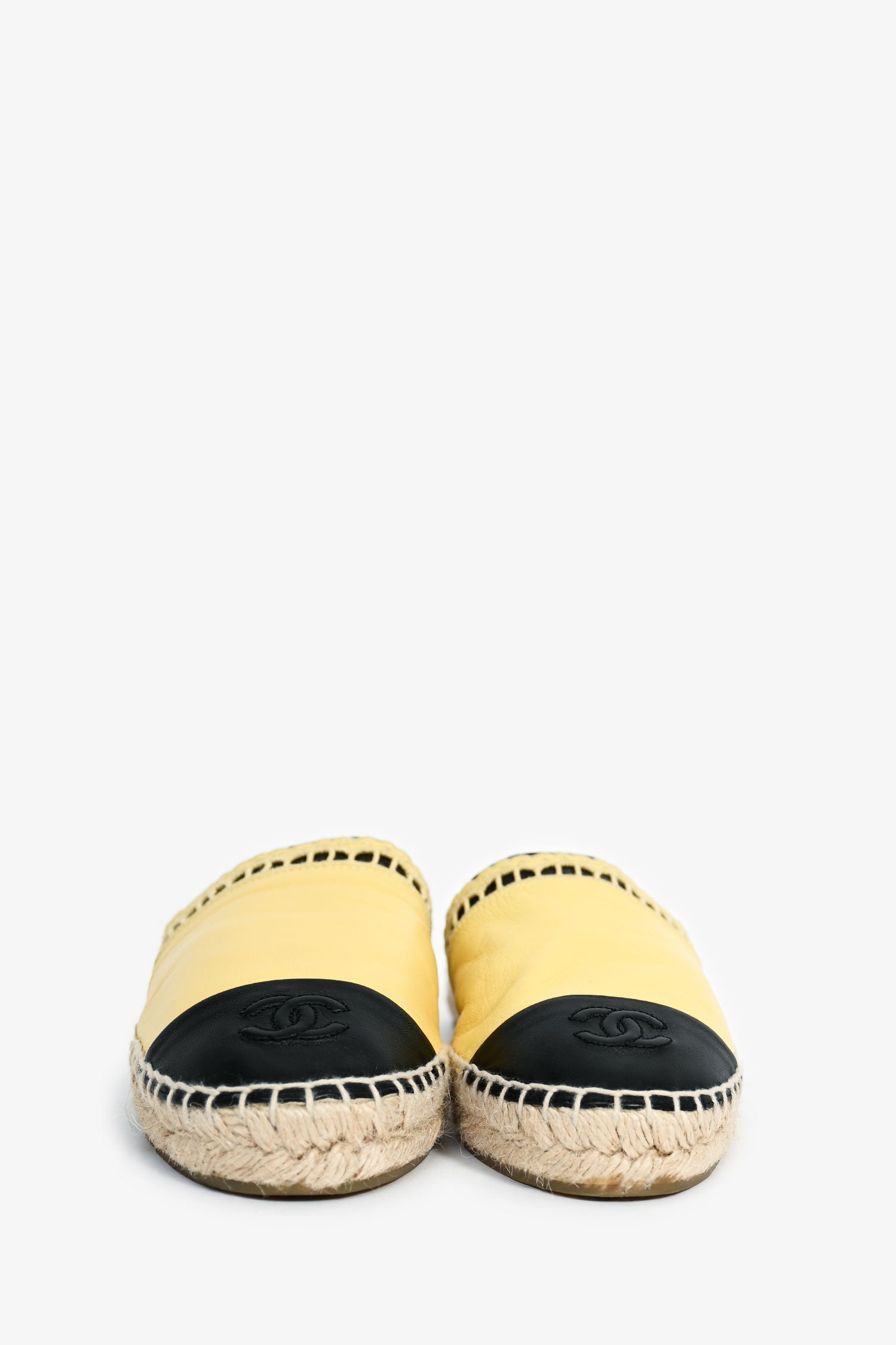 Chanel™ Yellow/Black Leather CC Espadrille Slides Size 38