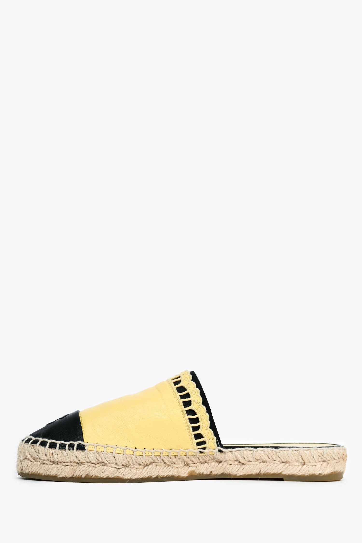 Chanel™ Yellow/Black Leather CC Espadrille Slides Size 38