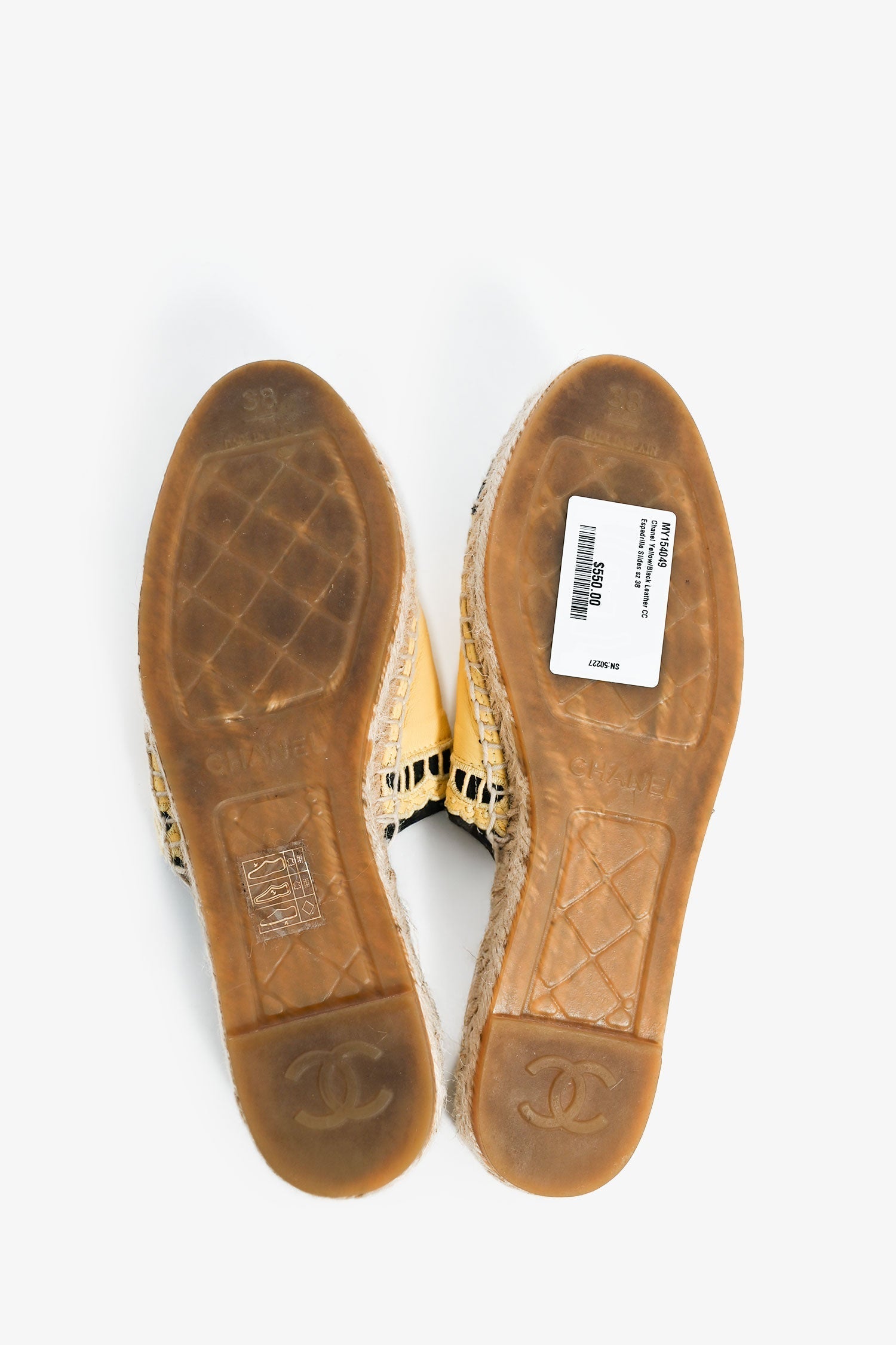 Chanel™ Yellow/Black Leather CC Espadrille Slides Size 38