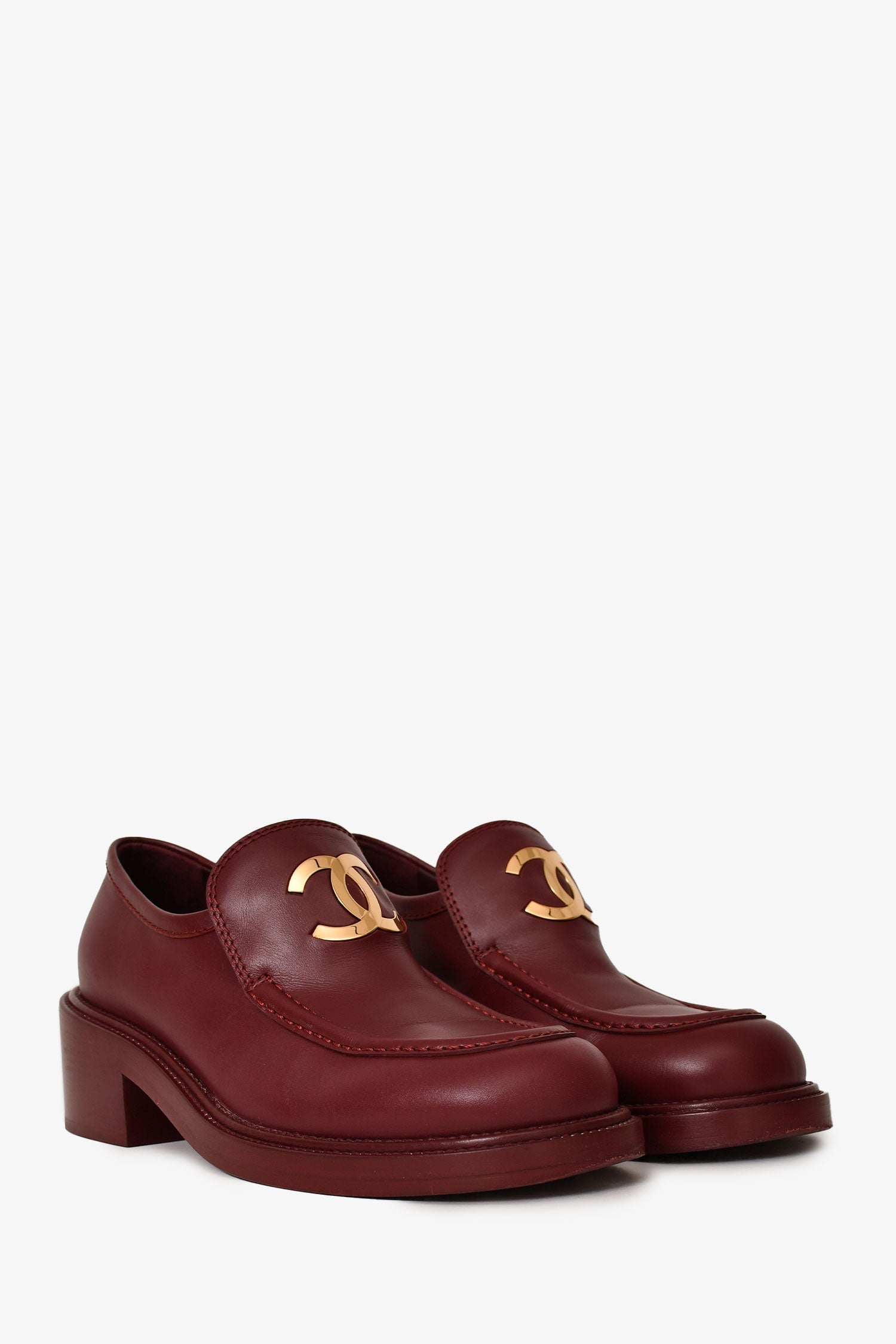 Chanel™ Burgundy Leather Gold CC Loafers Size 37C