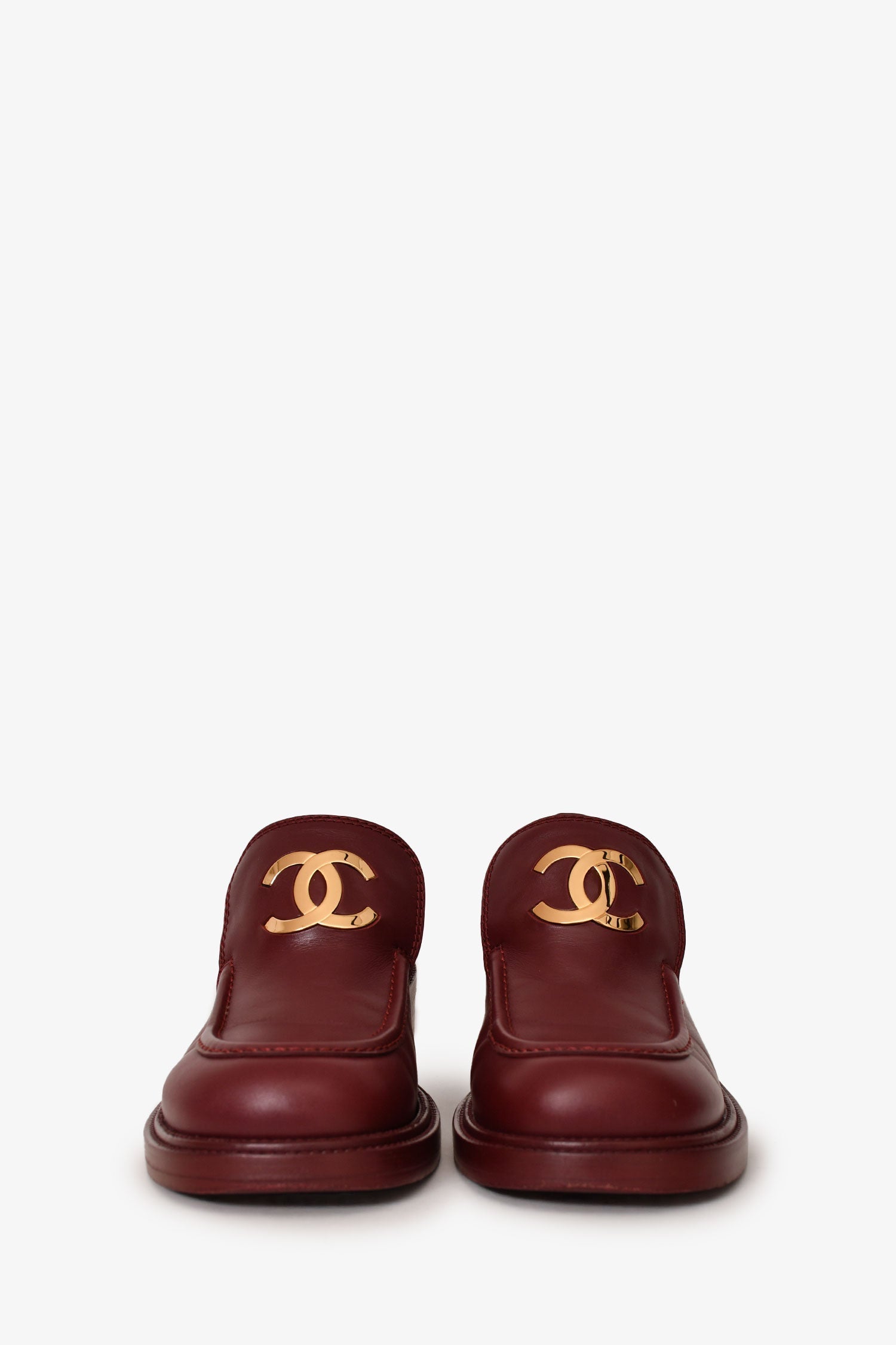 Chanel™ Burgundy Leather Gold CC Loafers Size 37C