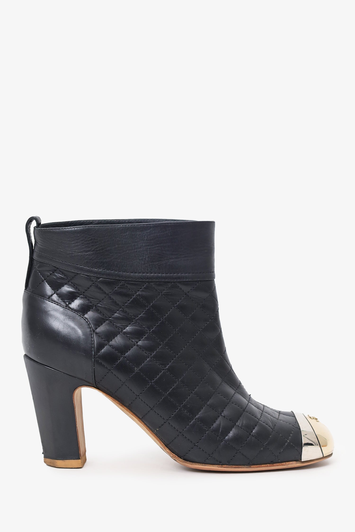 Chanel™ Black Leather/Metal Cap Toe Quilted Ankle Boots Size 36.5