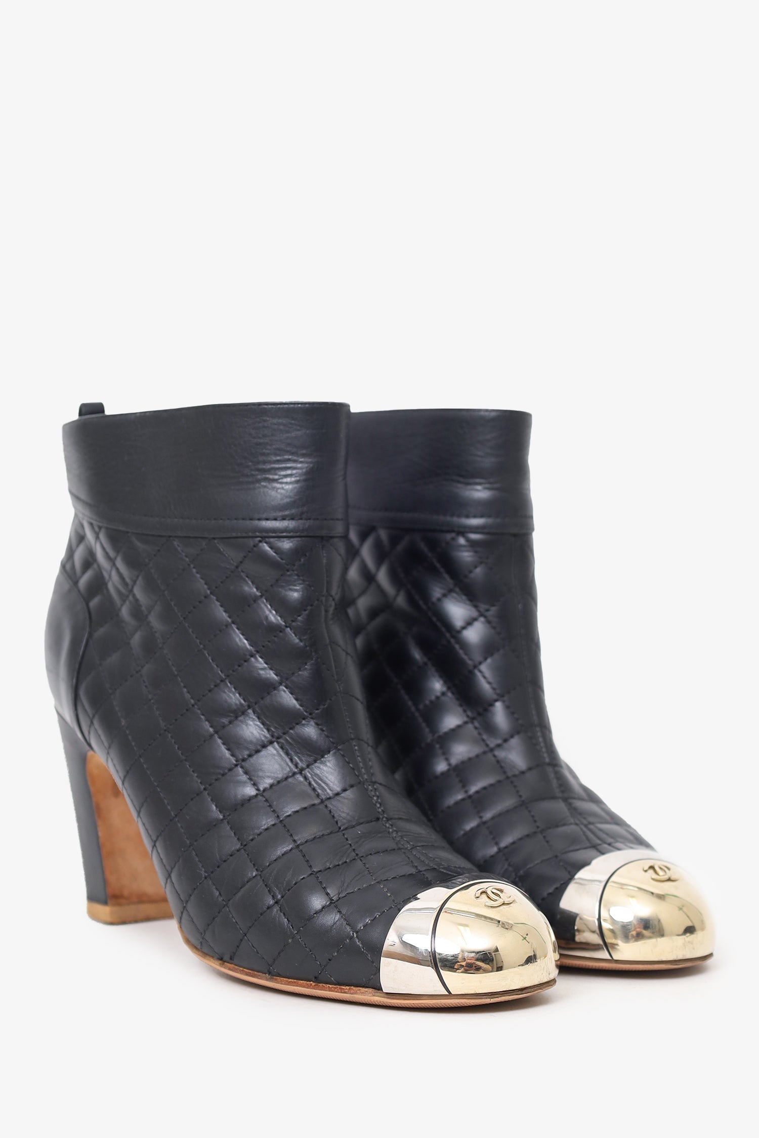 Chanel™ Black Leather/Metal Cap Toe Quilted Ankle Boots Size 36.5