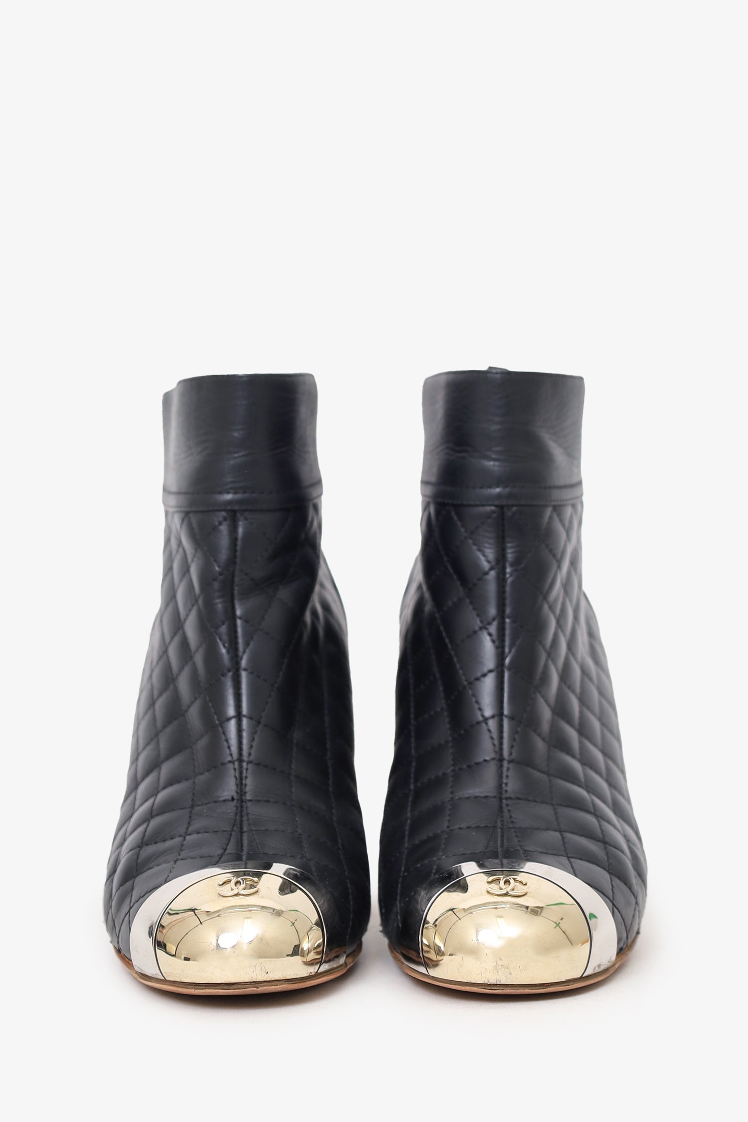 Chanel™ Black Leather/Metal Cap Toe Quilted Ankle Boots Size 36.5