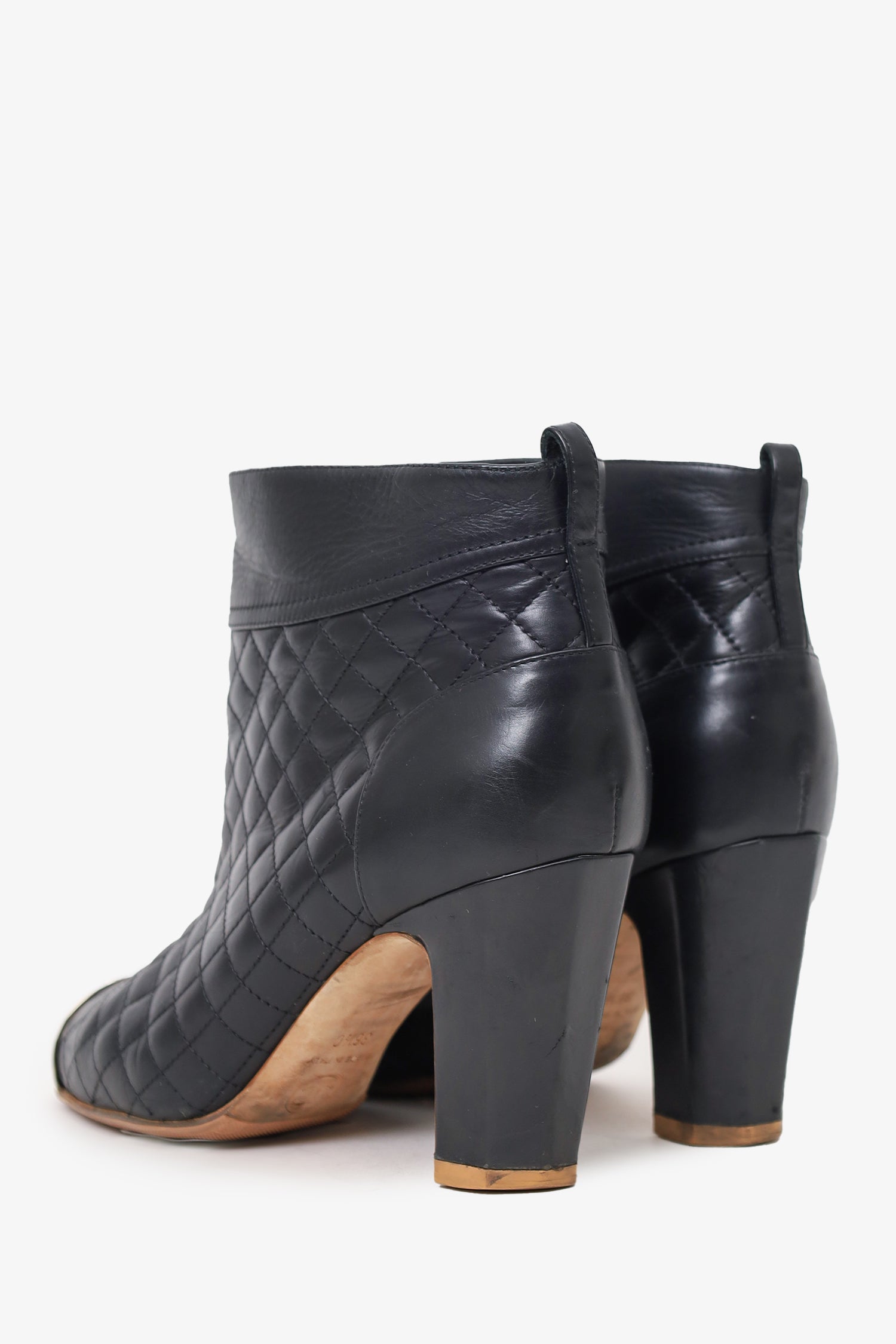 Chanel™ Black Leather/Metal Cap Toe Quilted Ankle Boots Size 36.5
