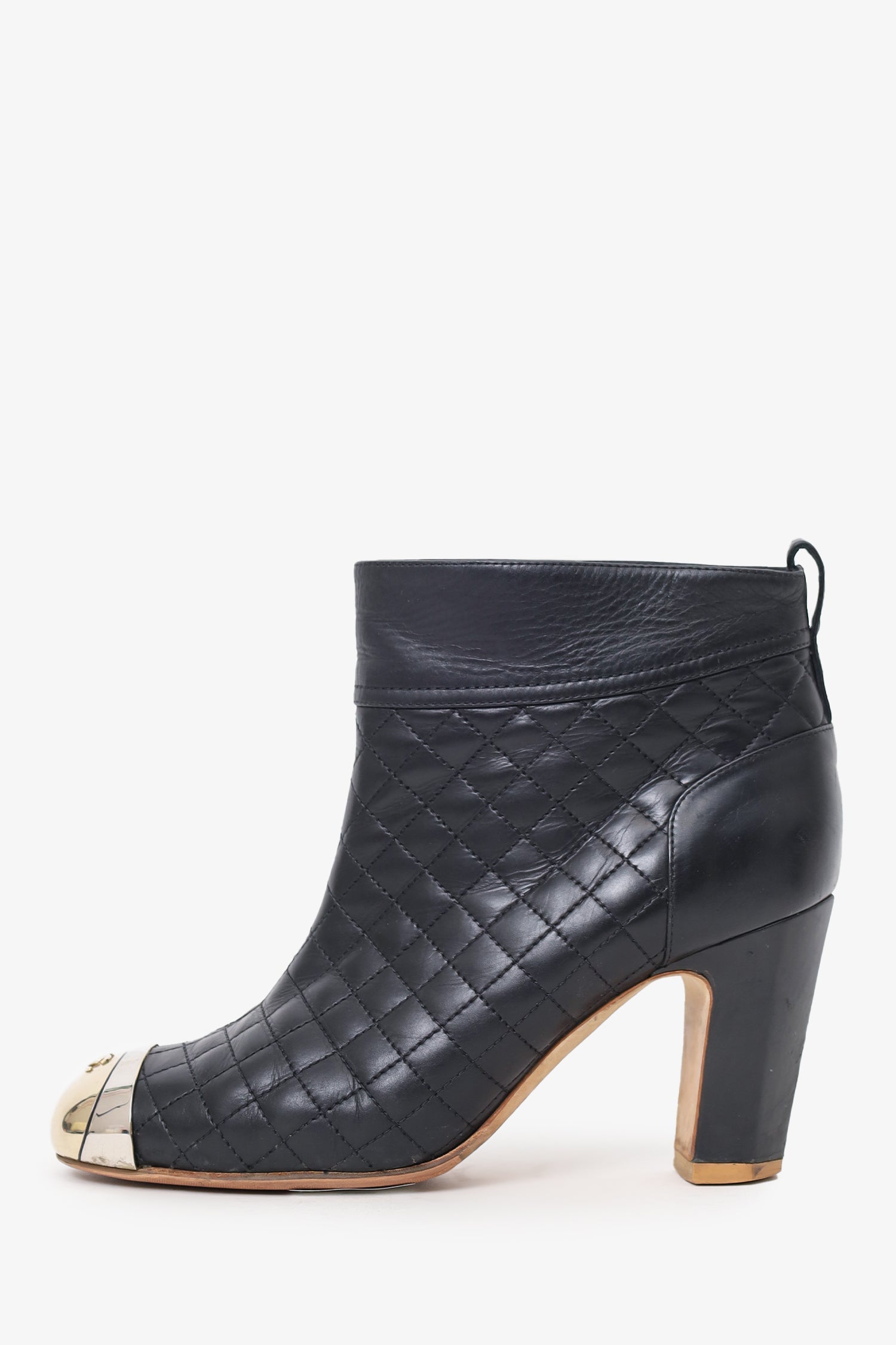 Chanel™ Black Leather/Metal Cap Toe Quilted Ankle Boots Size 36.5