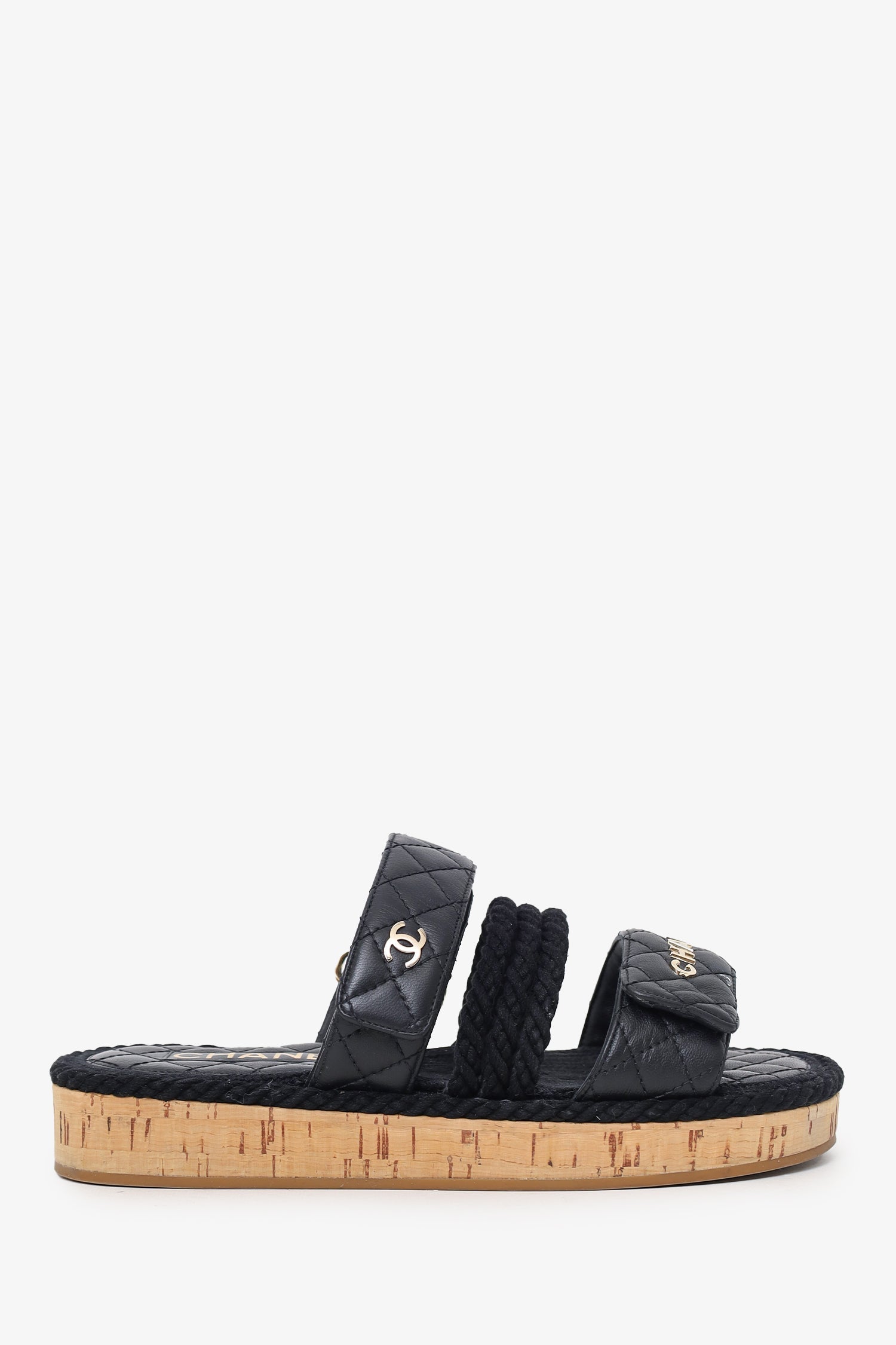 Chanel™ Black Leather Quilted Rope CC Flat Sandals Size 36