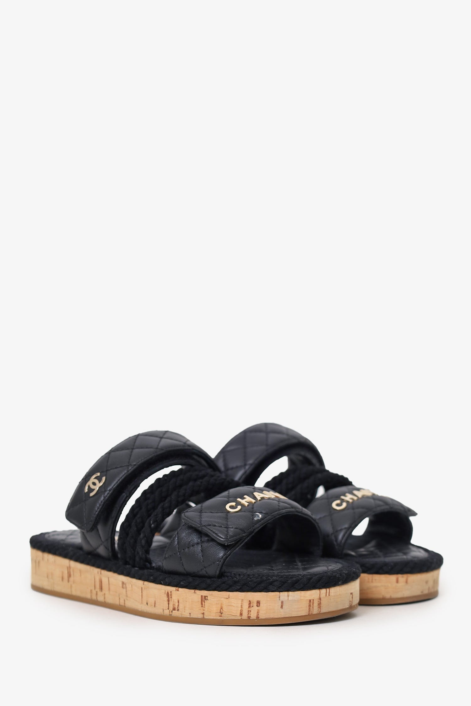 Chanel™ Black Leather Quilted Rope CC Flat Sandals Size 36