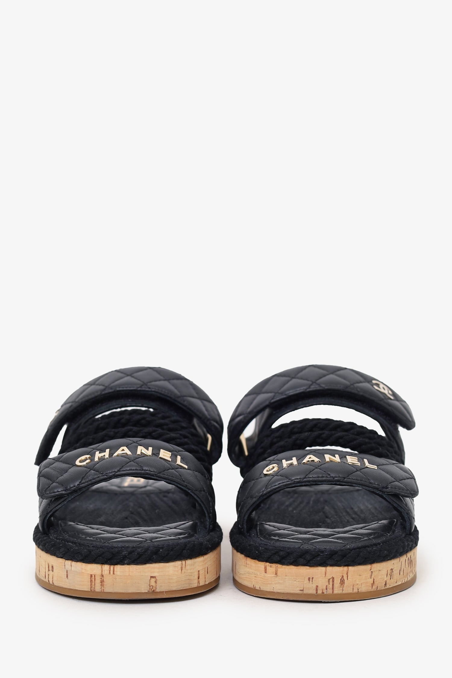 Chanel™ Black Leather Quilted Rope CC Flat Sandals Size 36