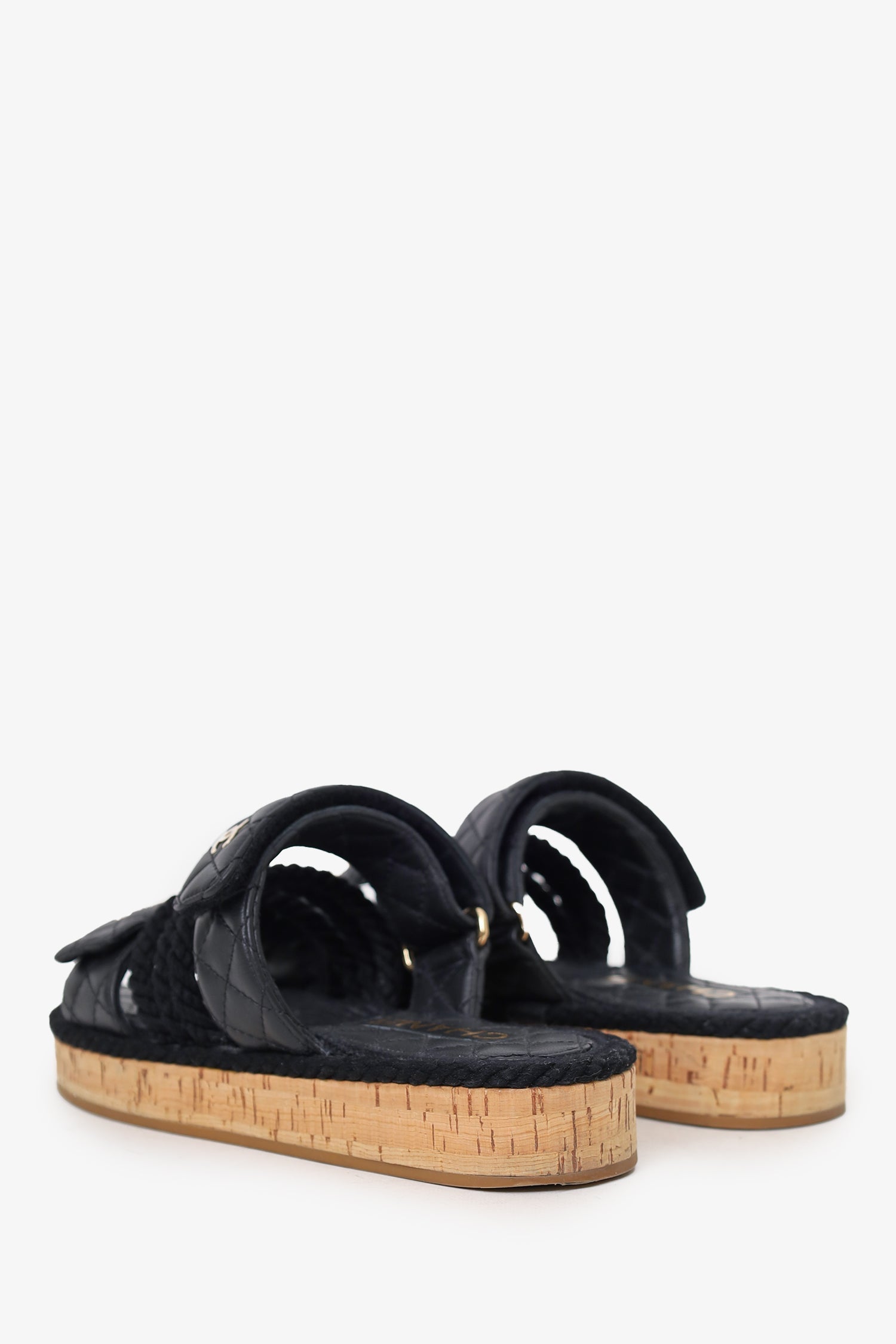Chanel™ Black Leather Quilted Rope CC Flat Sandals Size 36