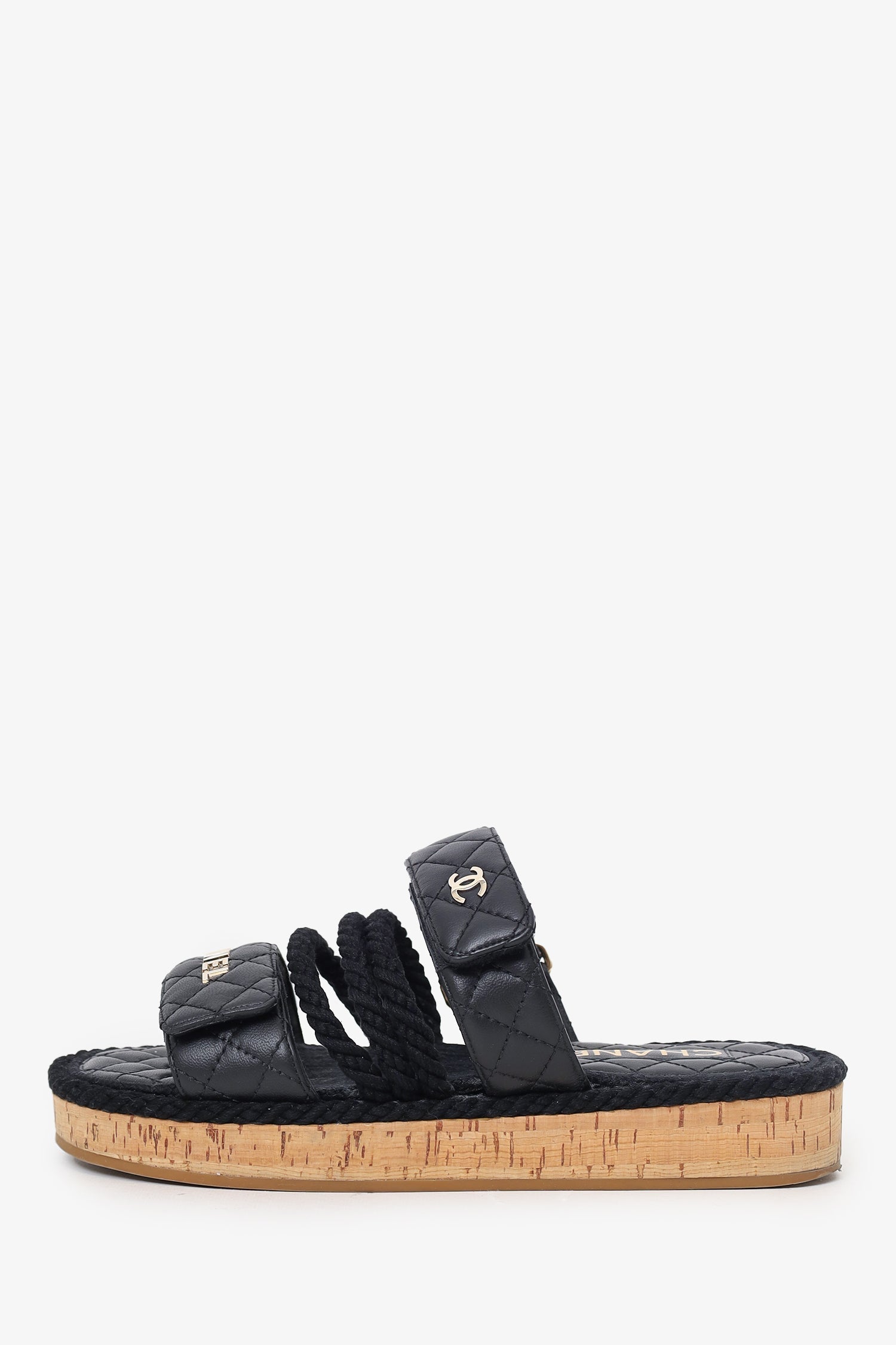 Chanel™ Black Leather Quilted Rope CC Flat Sandals Size 36