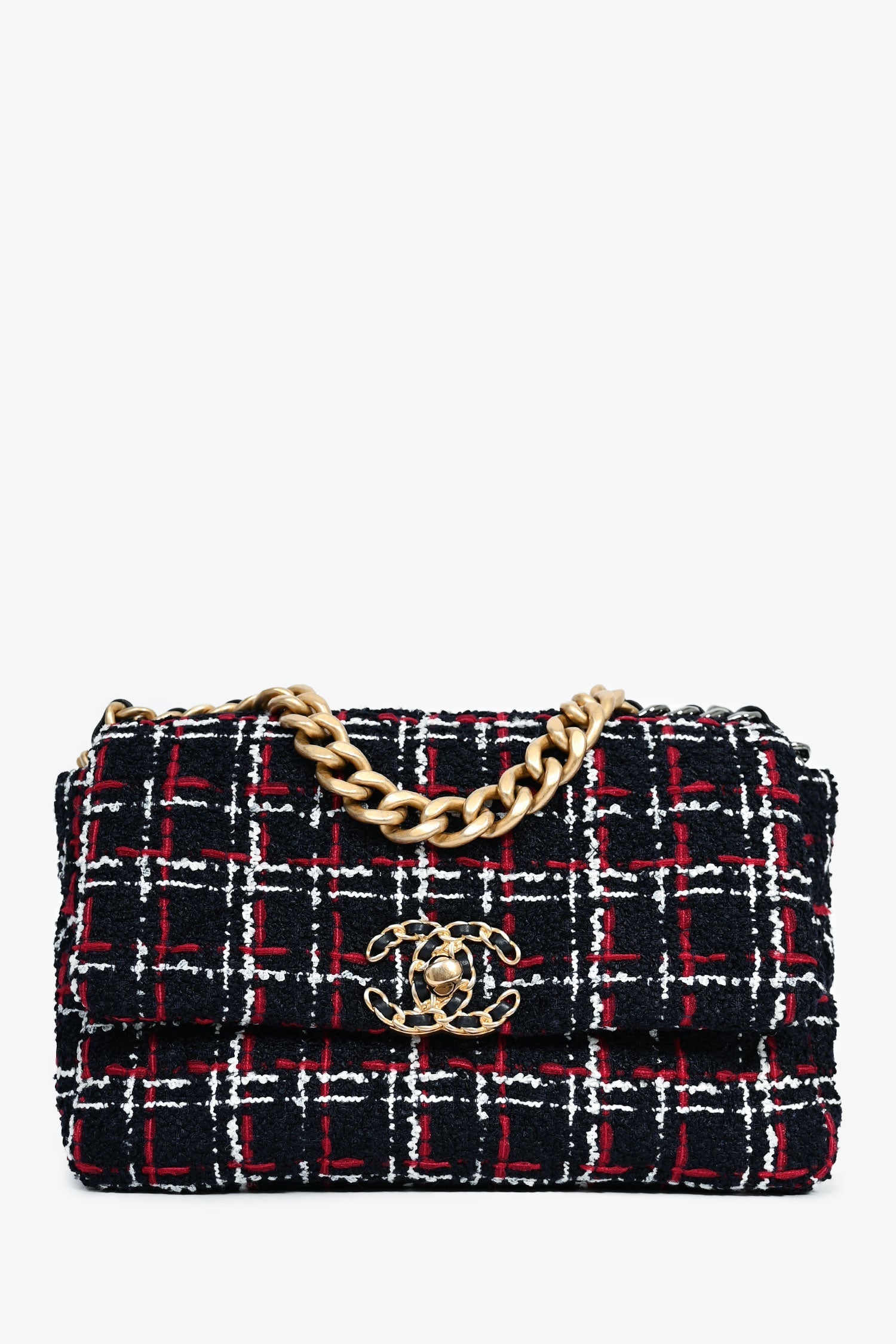 Chanel™ Black/Red/White Tweed Medium 19 Flap Shoulder Bag