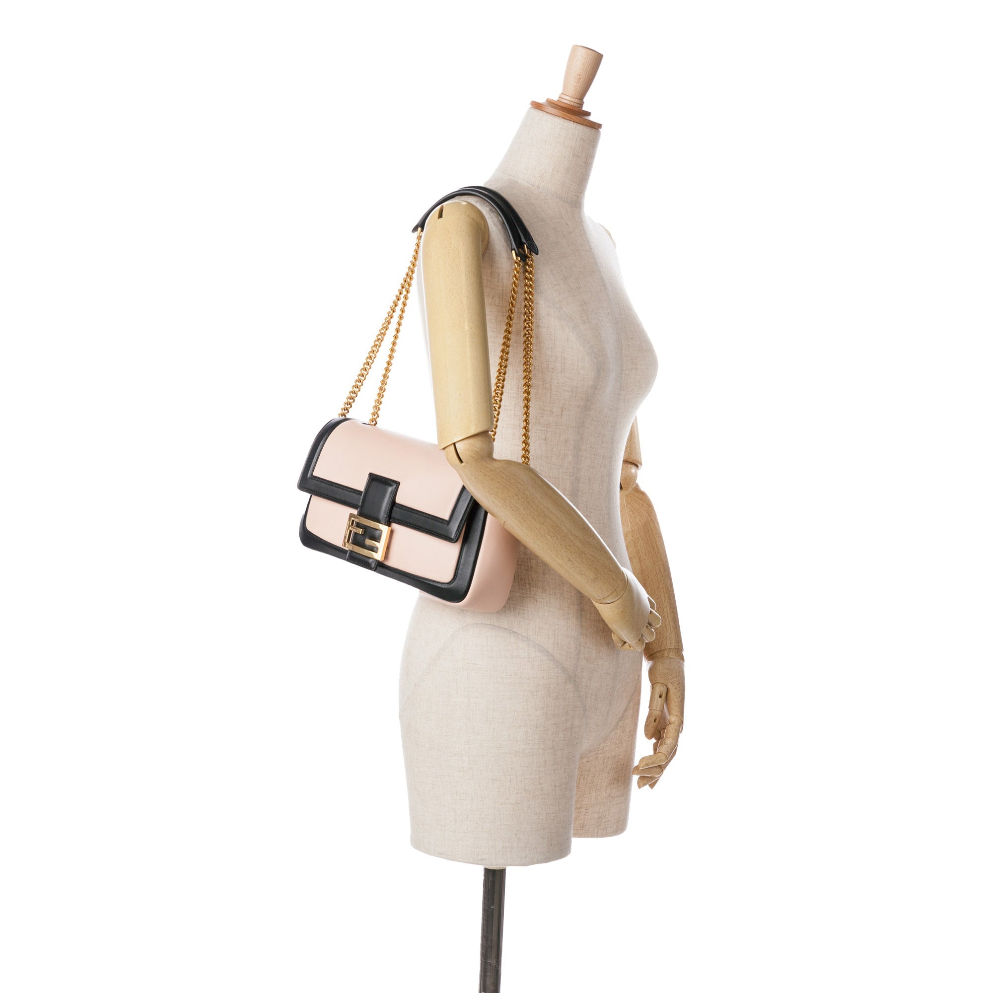 Blush Fendi Bicolor Leather Chain Midi Baguette Shoulder Bag