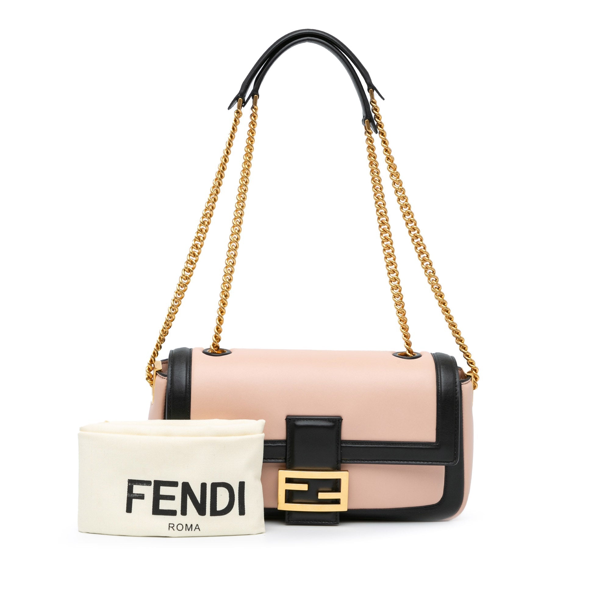 Blush Fendi Bicolor Leather Chain Midi Baguette Shoulder Bag