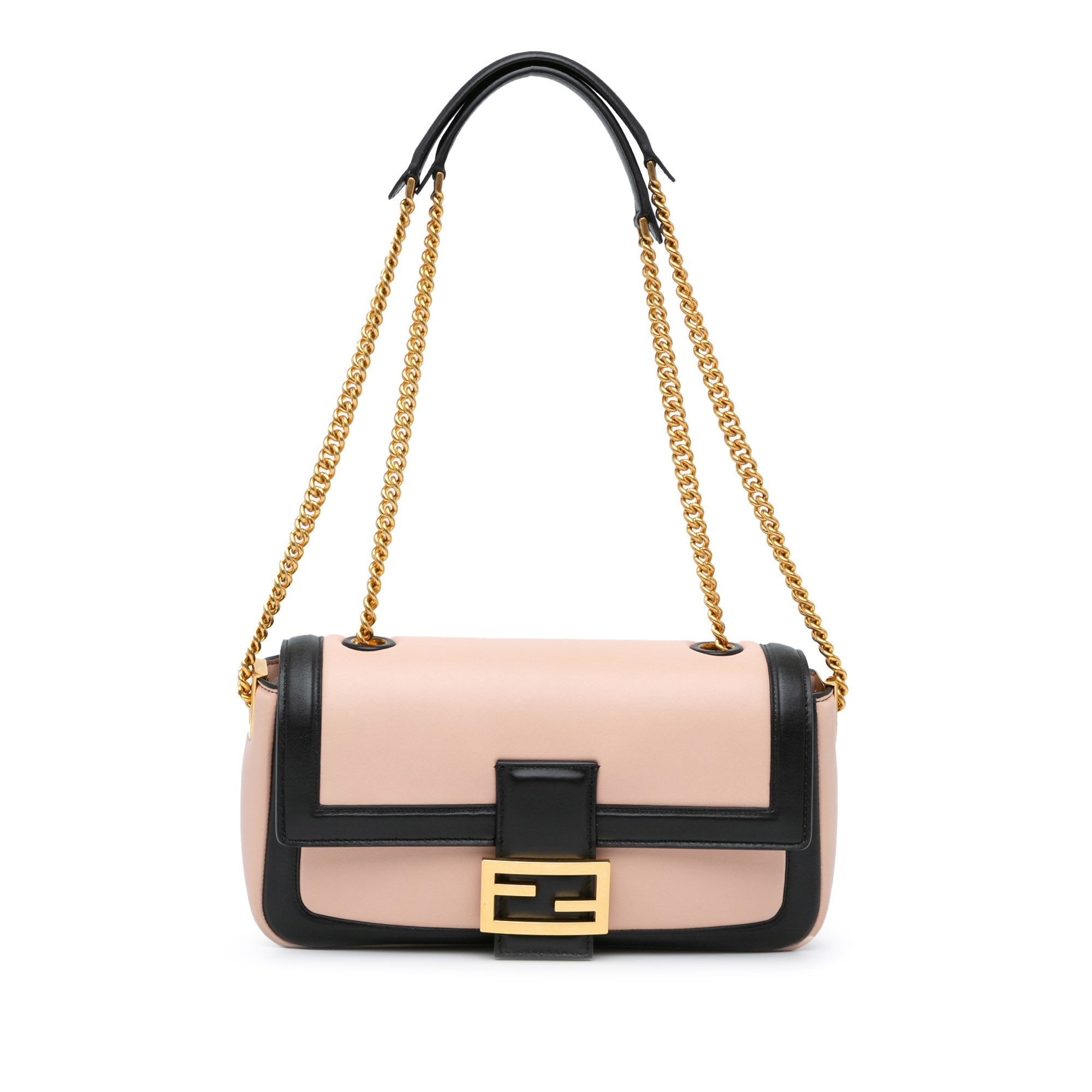 Blush Fendi Bicolor Leather Chain Midi Baguette Shoulder Bag