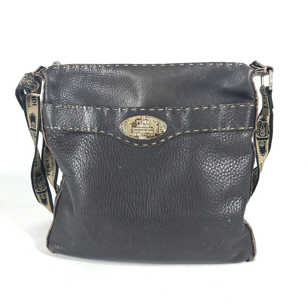 FENDI Shoulder Bag leather Dark brown Pochette Selleria logo Women Used
