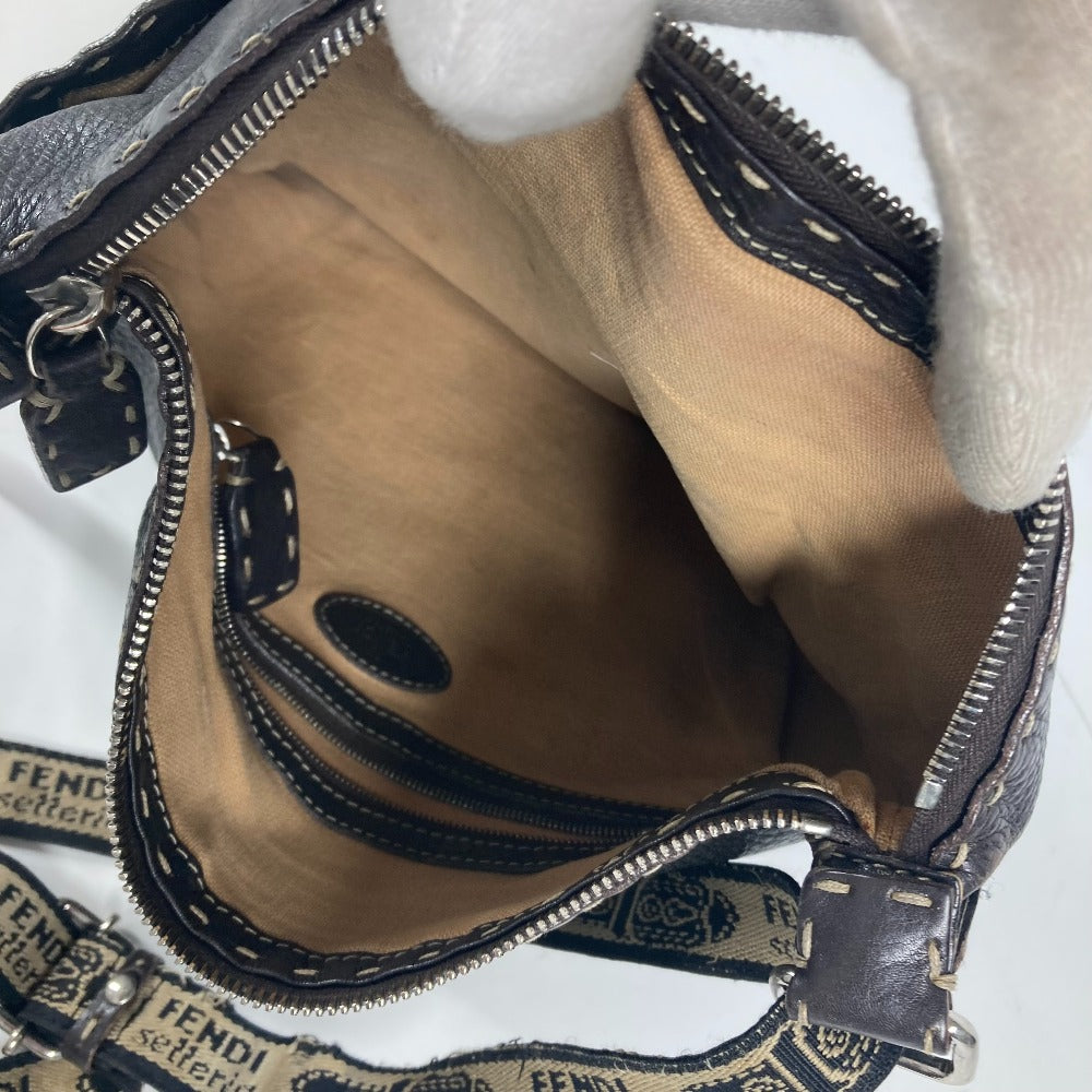 FENDI Shoulder Bag leather Dark brown Pochette Selleria logo Women Used