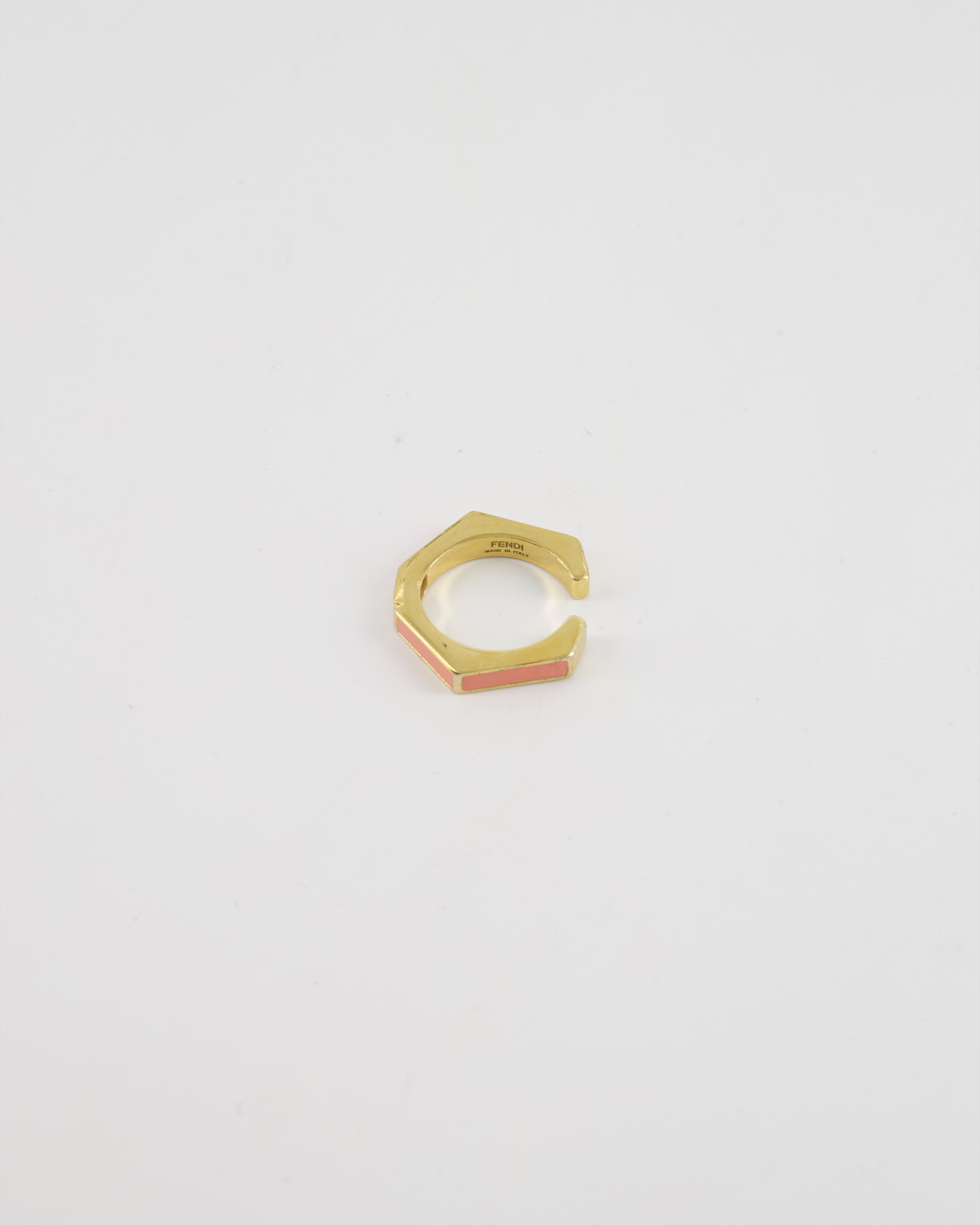 Fendi Gold Enamel Hexagonal Baguette Ring with pink Enamel Detail Size M