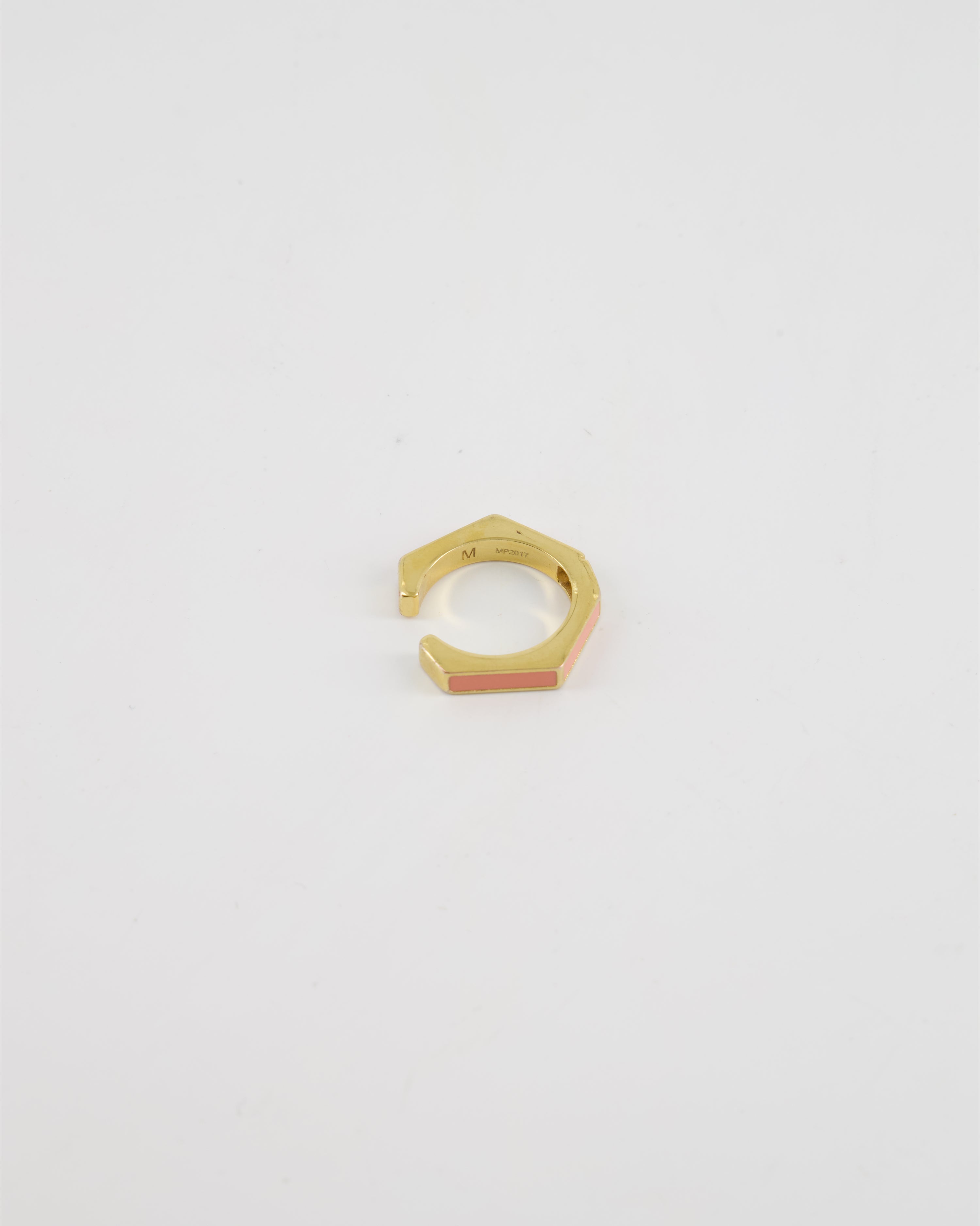 Fendi Gold Enamel Hexagonal Baguette Ring with pink Enamel Detail Size M