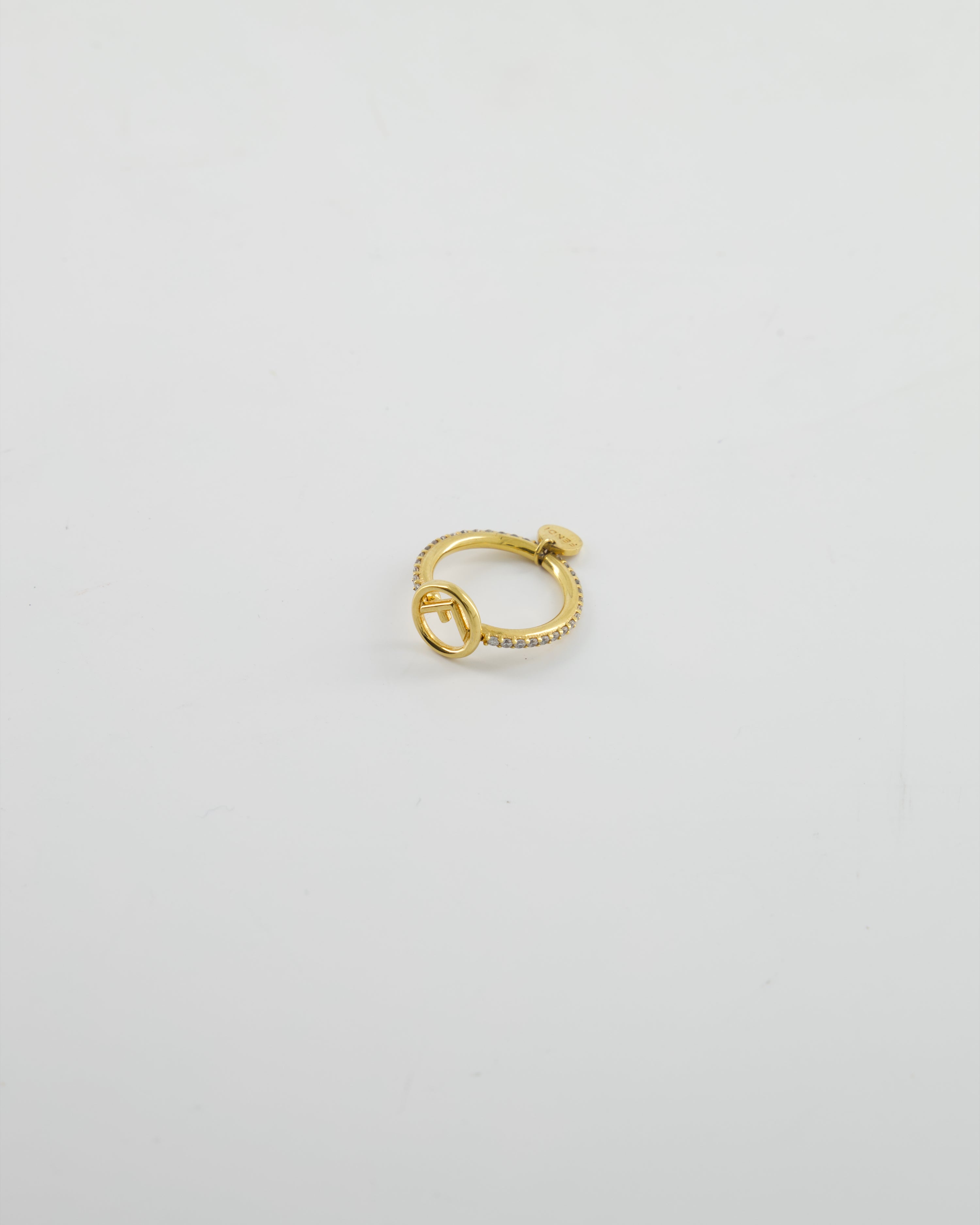 Fendi Gold Crystal Ring with F Logo Detail
