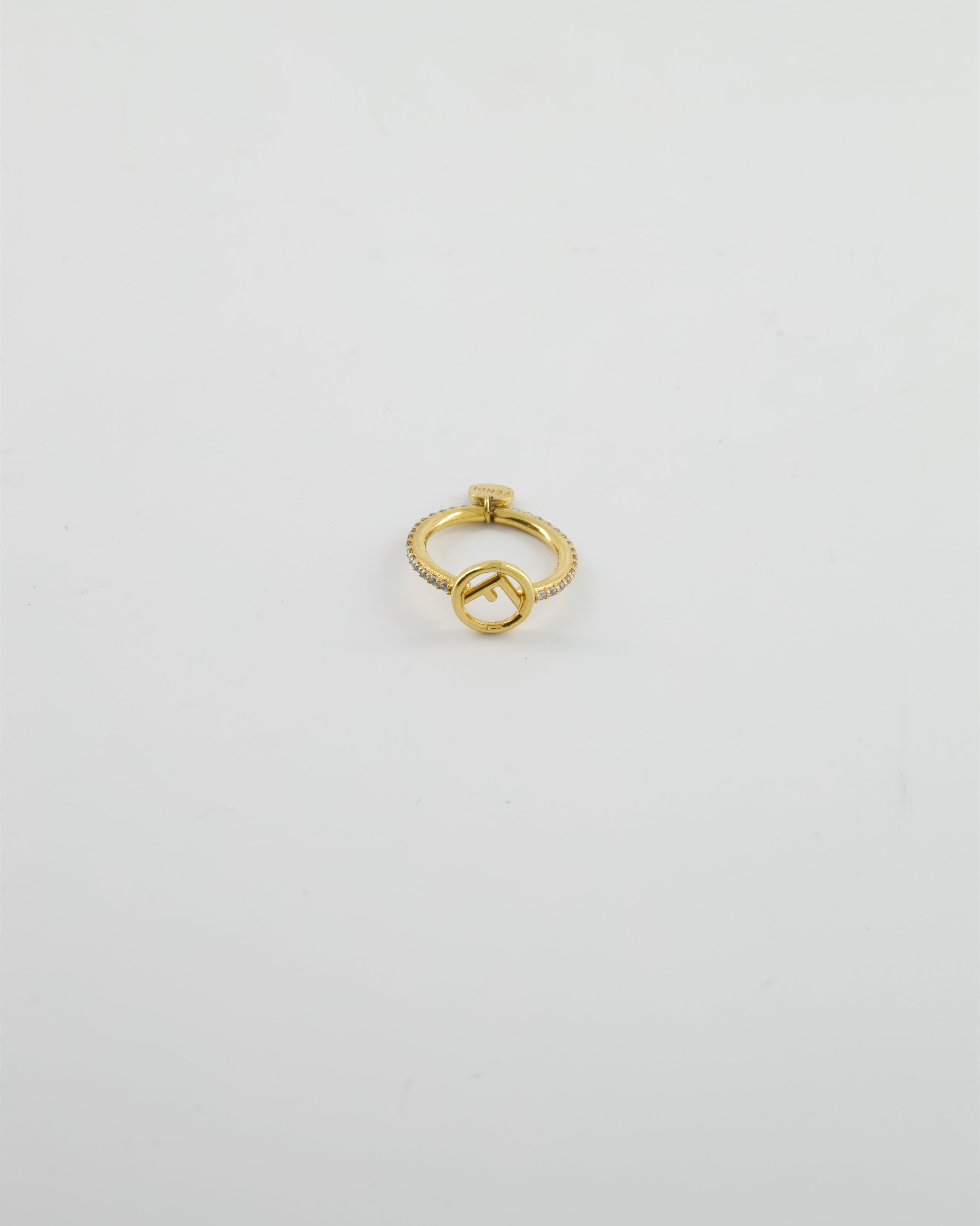 Fendi Gold Crystal Ring with F Logo Detail