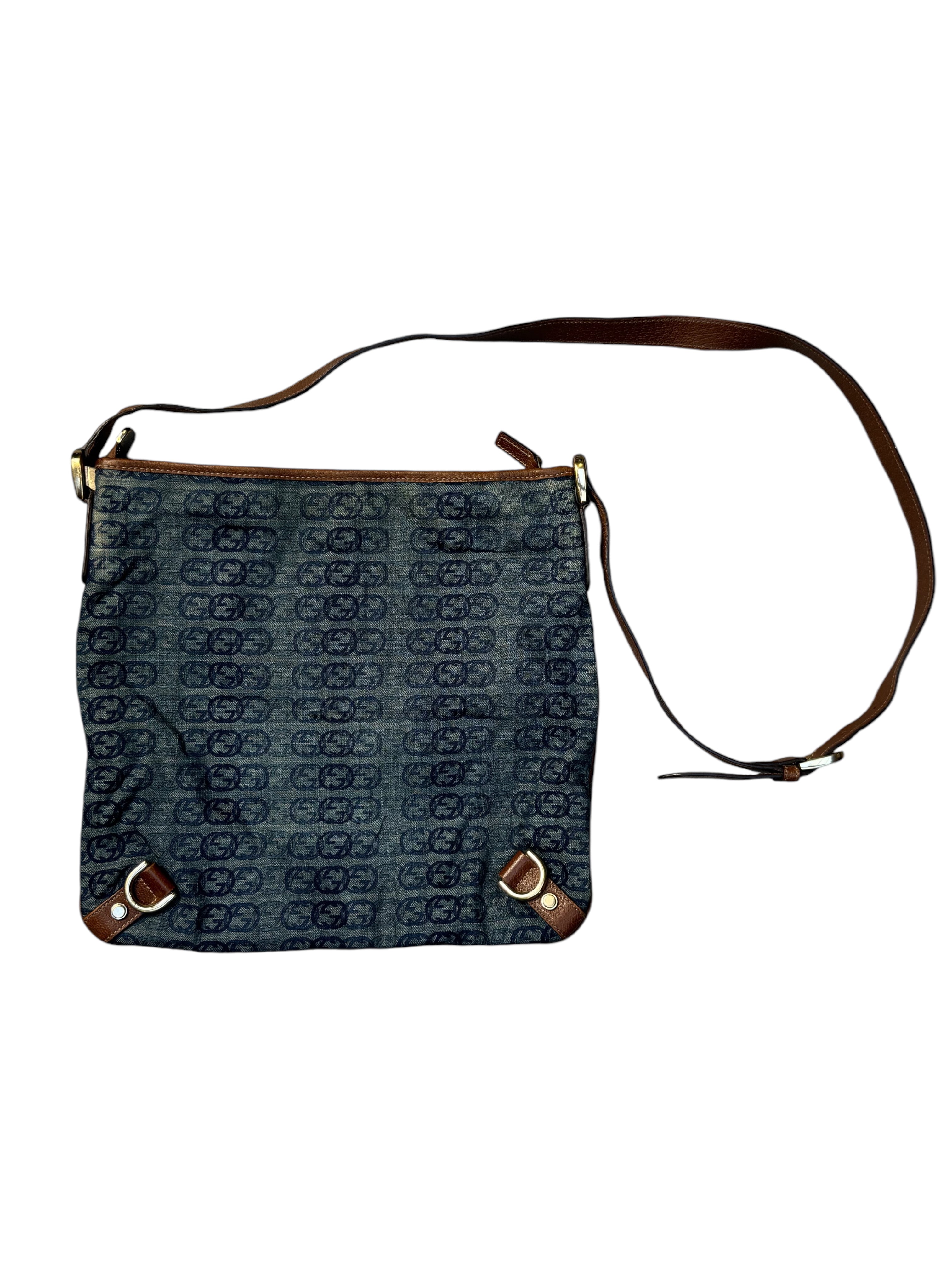 00s Gucci GG Denim Abbey D-Ring Leather Crossbody Bag