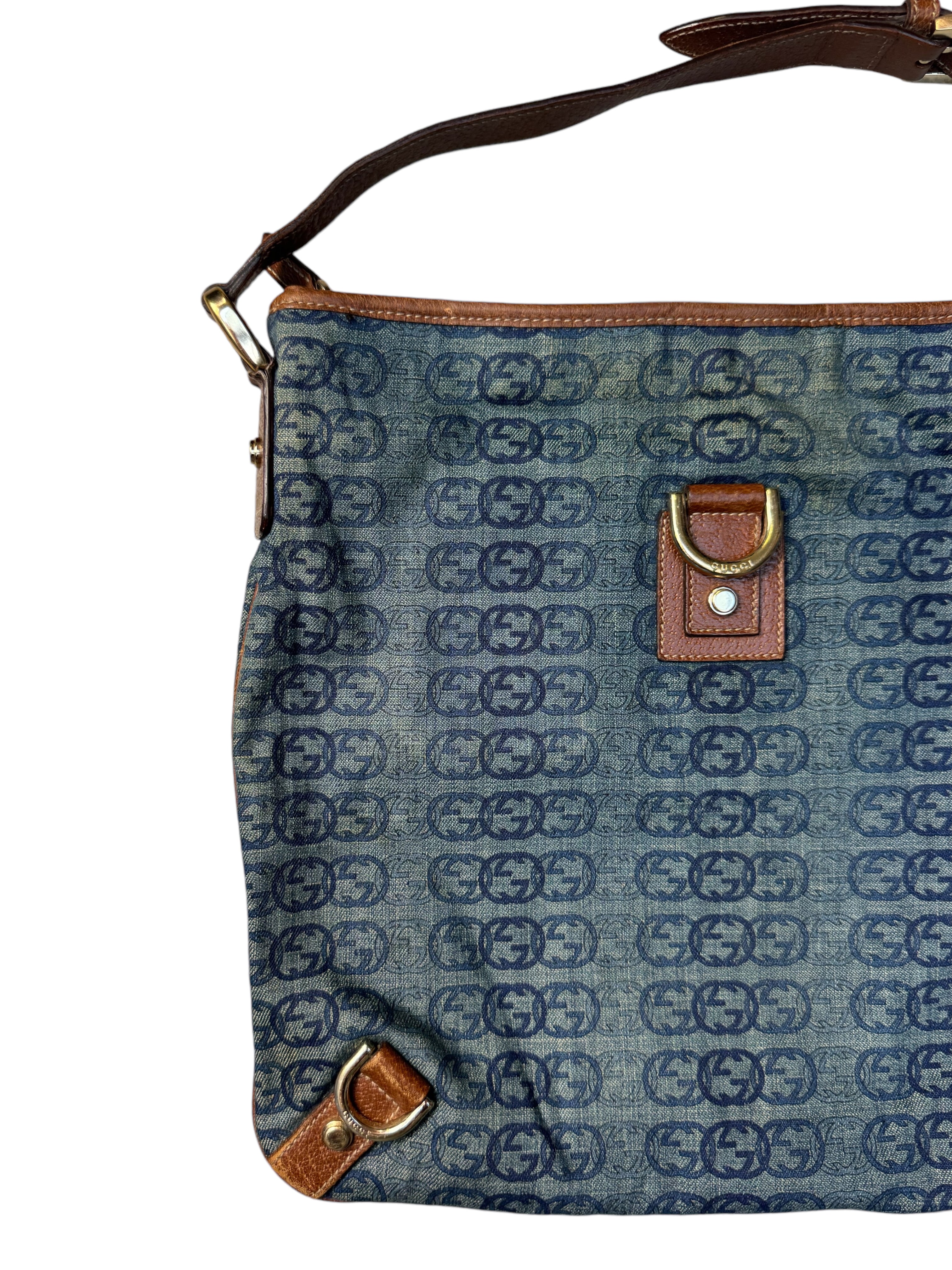 00s Gucci GG Denim Abbey D-Ring Leather Crossbody Bag