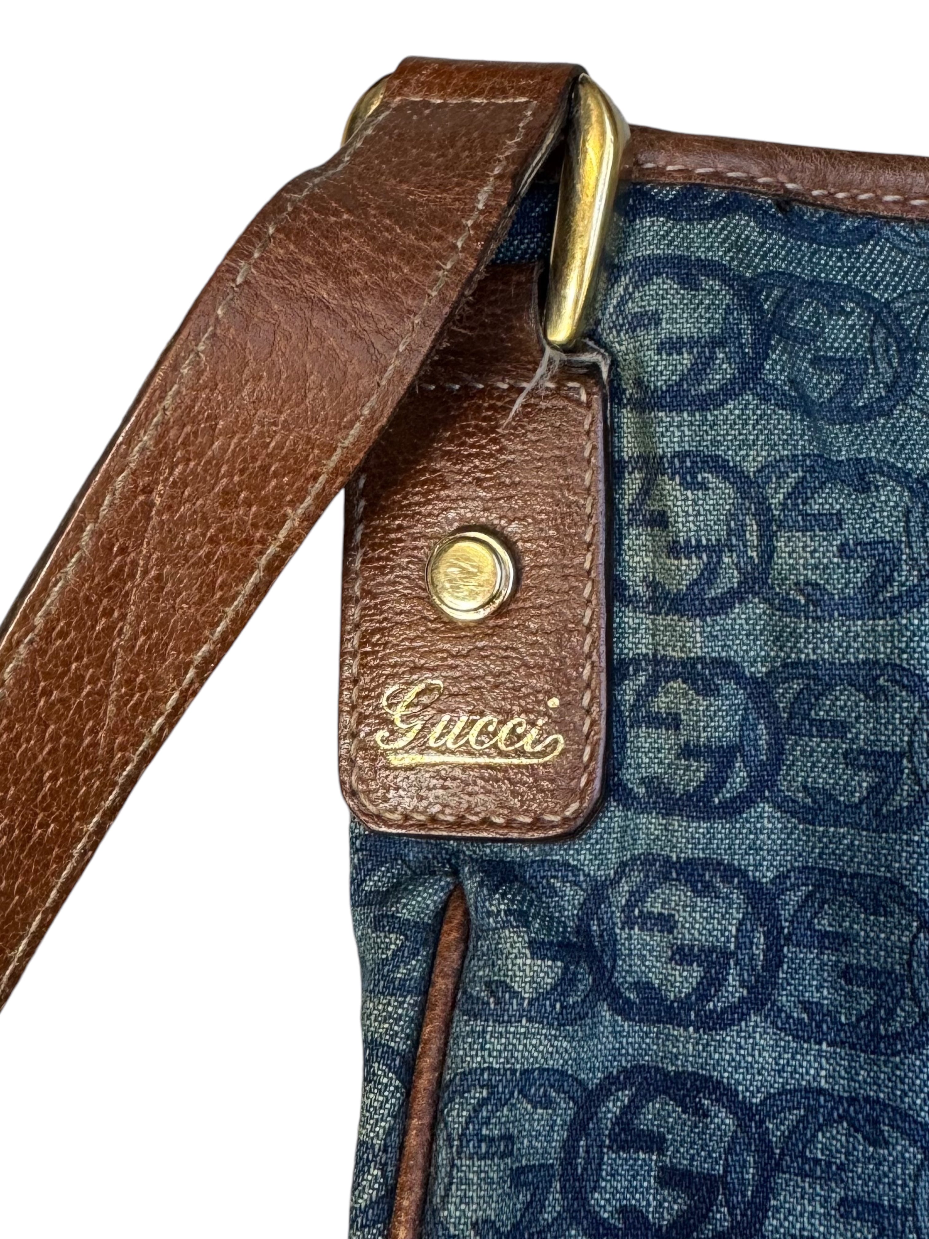 00s Gucci GG Denim Abbey D-Ring Leather Crossbody Bag