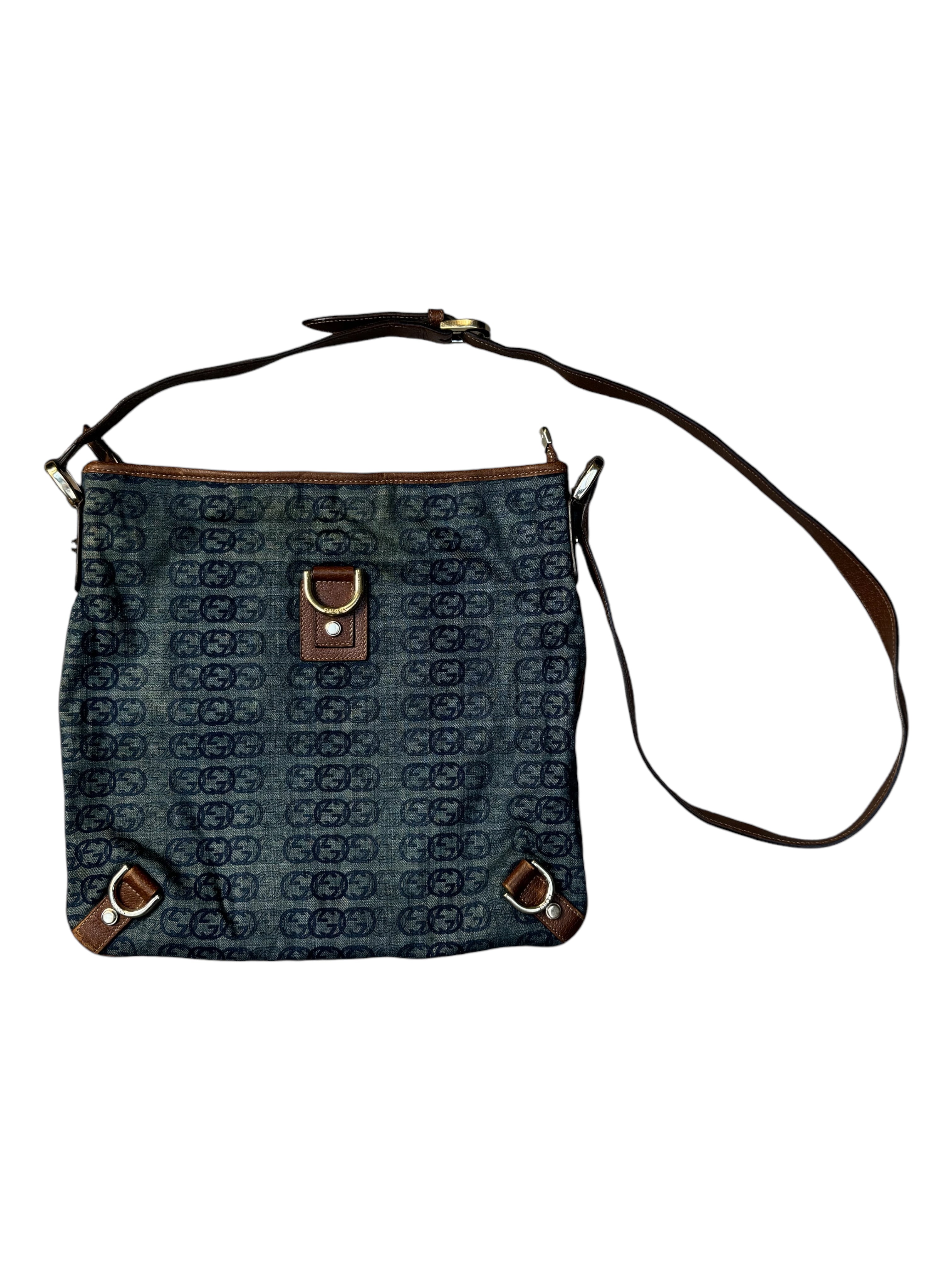 00s Gucci GG Denim Abbey D-Ring Leather Crossbody Bag